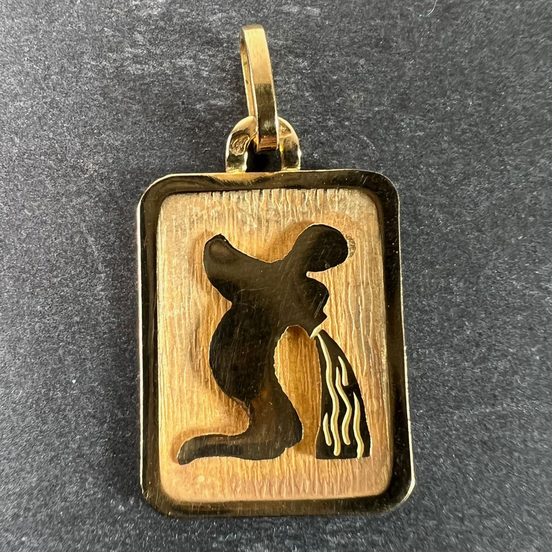 Ciondolo charme francese in oro giallo 18 carati (18K) disegnato come una medaglia rettangolare con un incavo inciso che raffigura una persona che versa dell'acqua e rappresenta il segno zodiacale dell'Acquario. Timbro a testa d'aquila per la