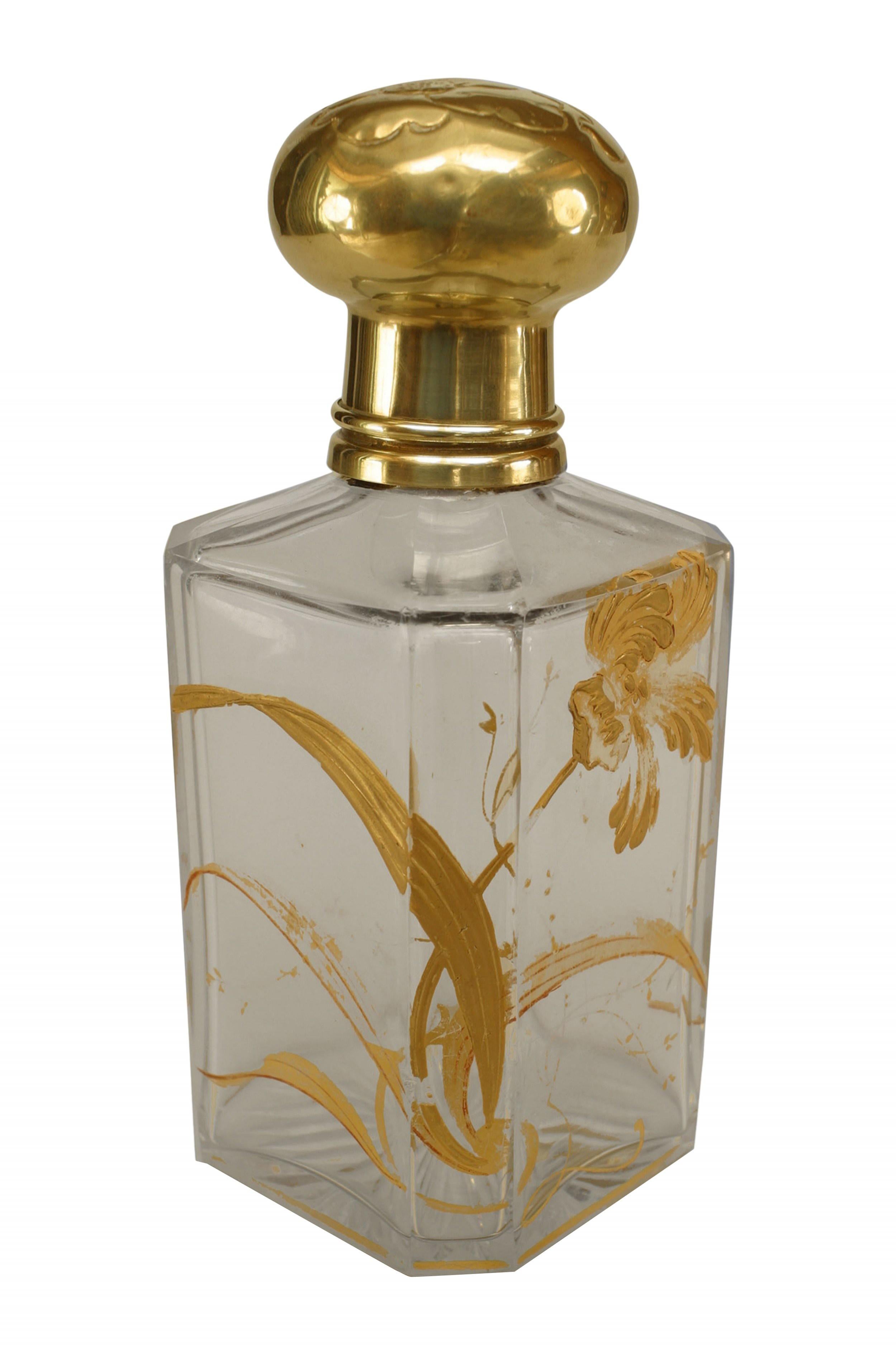 Bottiglie di profumo quadrate in cristallo Art Decor con decorazioni floreali dorate e tappo rotondo in ottone (simile a Inv #049469D)