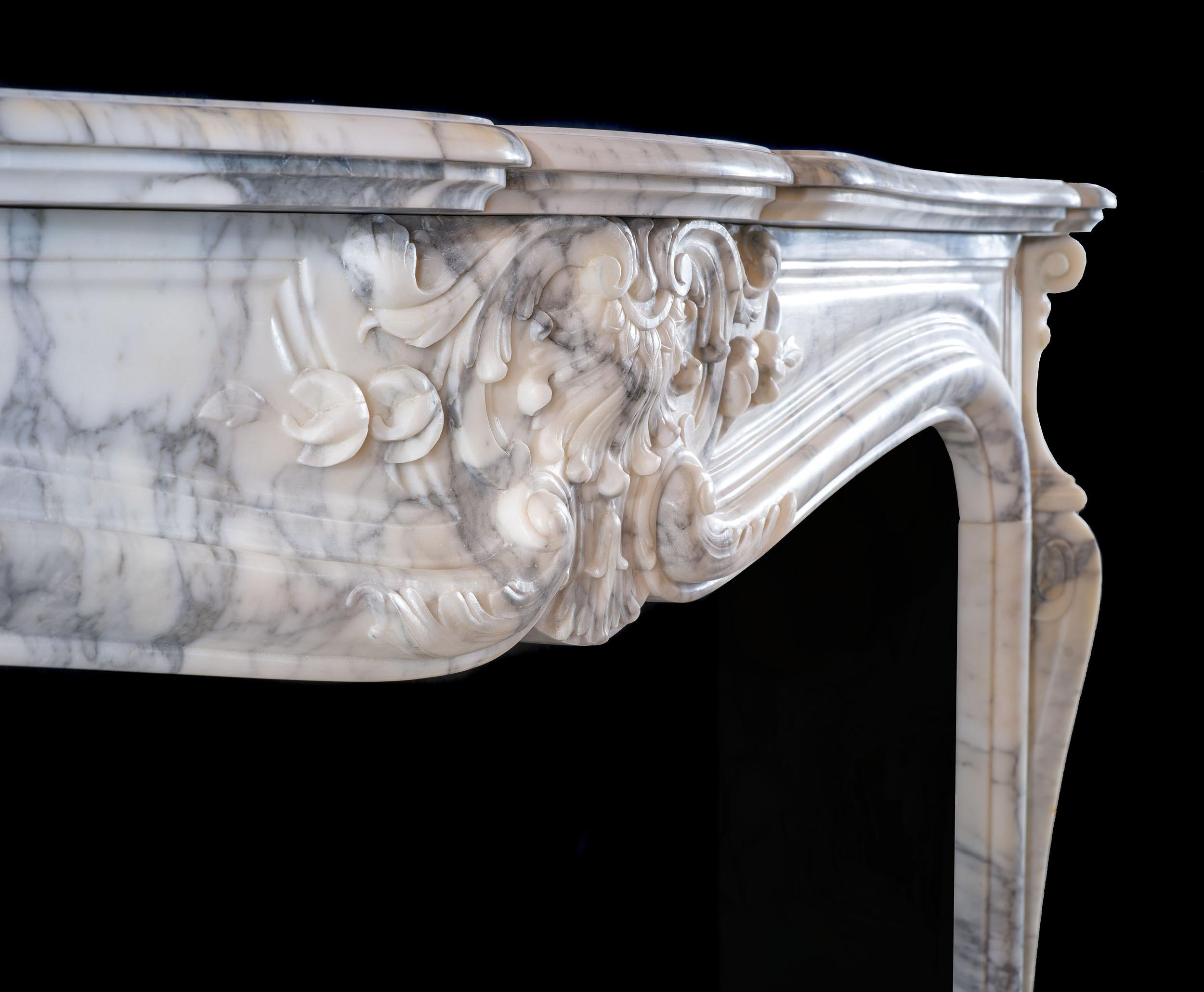 19th Century French Arabescato Marble Rococo Fireplace For Sale