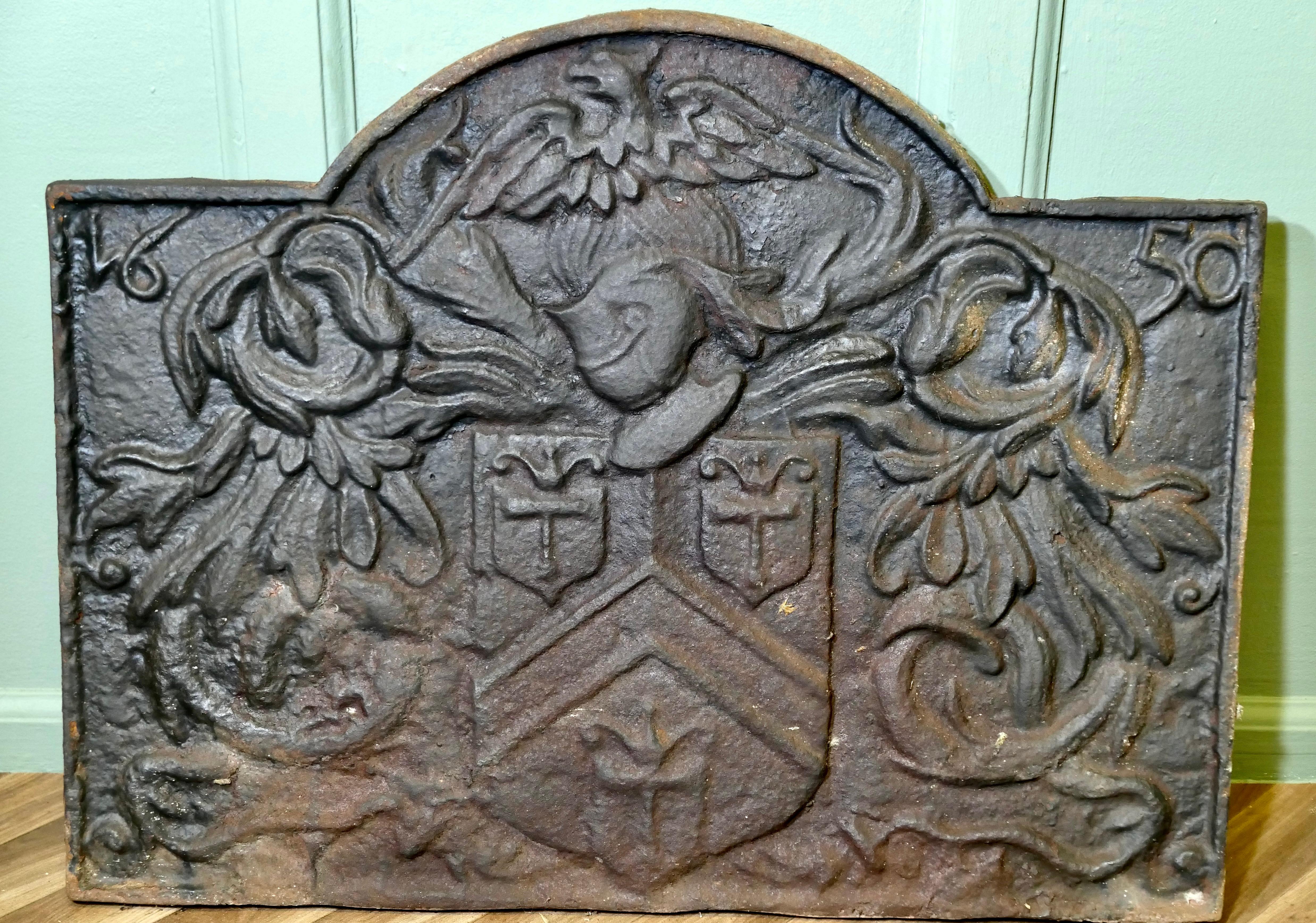 Folk Art French Arch Top Fire Back. Armour and Eagle For Sale