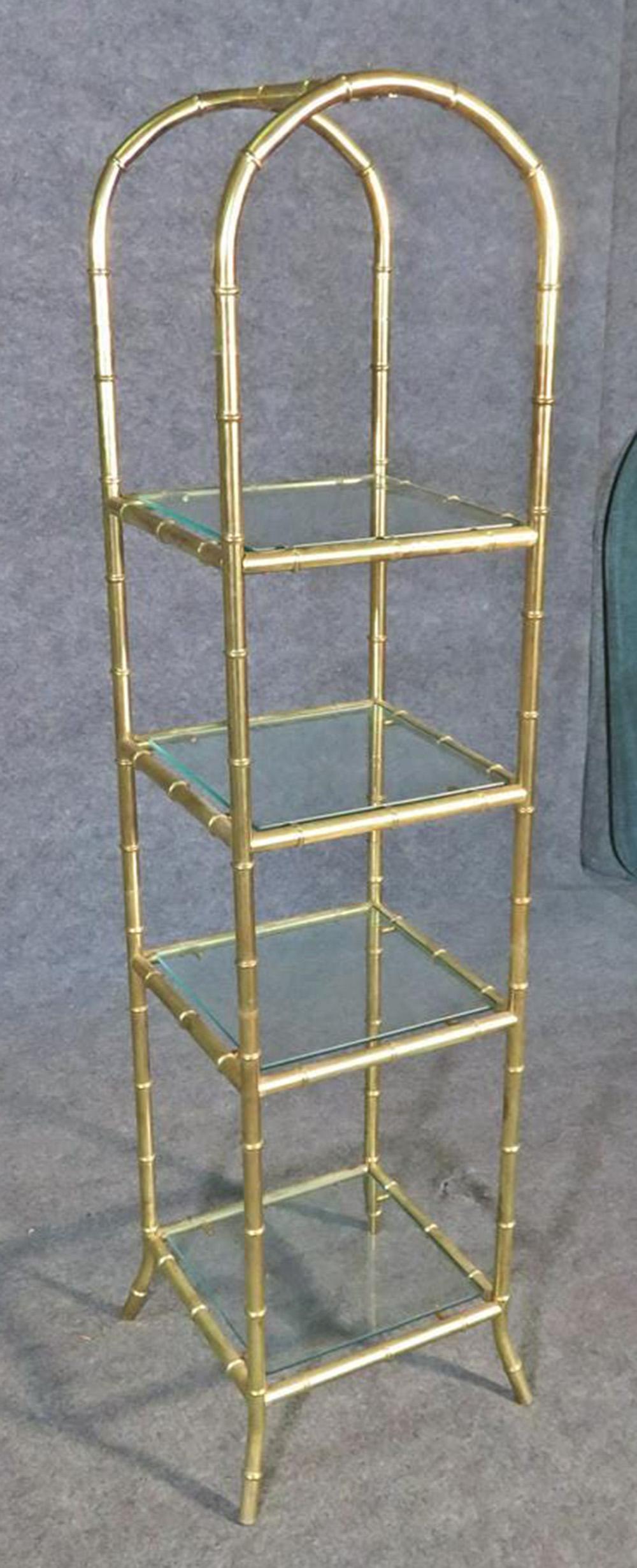 Mid-Century Modern French Arched Bagues Style Petite Faux Bamboo Brass Etagere Shelf, Circa 1950s