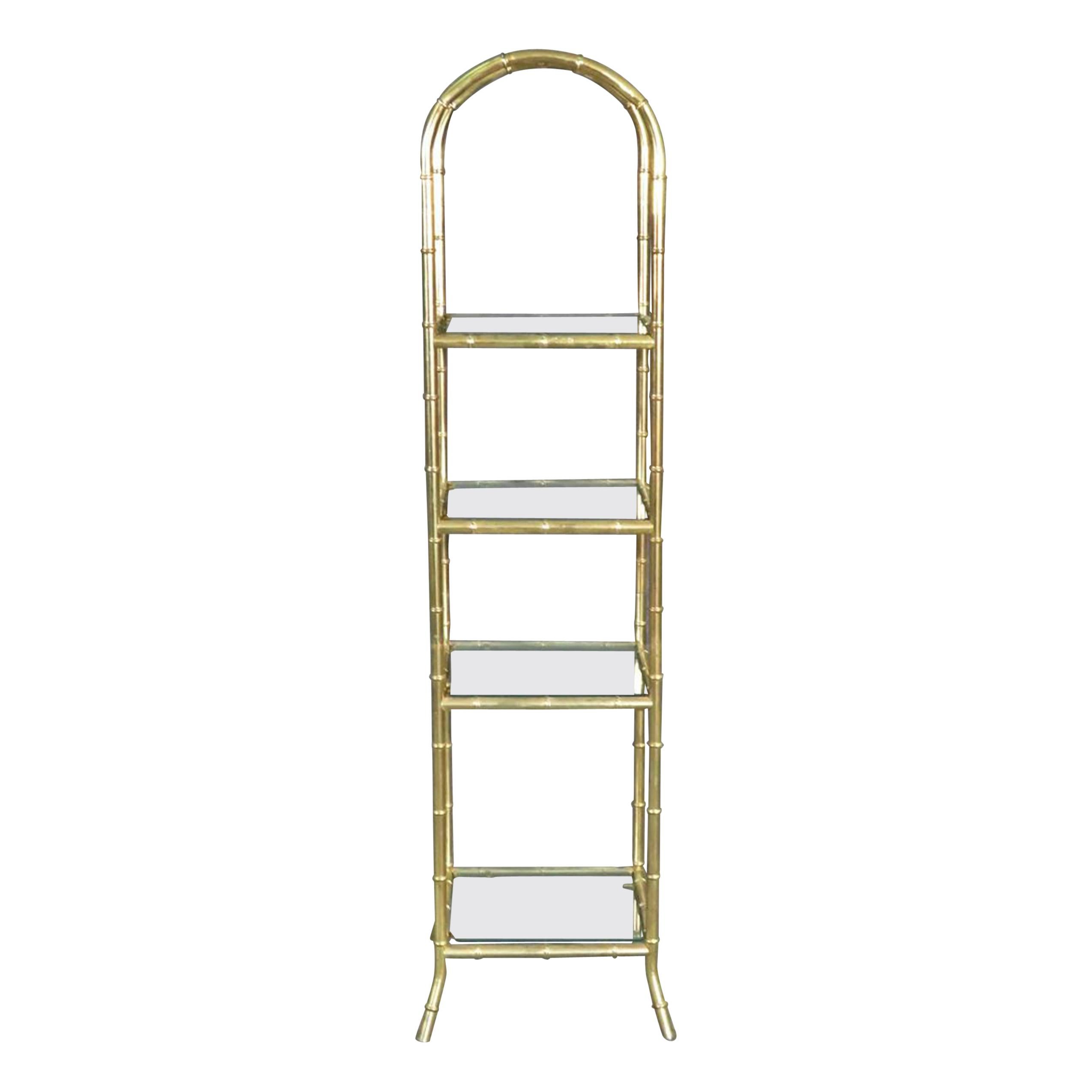 French Arched Bagues Style Petite Faux Bamboo Brass Etagere Shelf, Circa 1950s