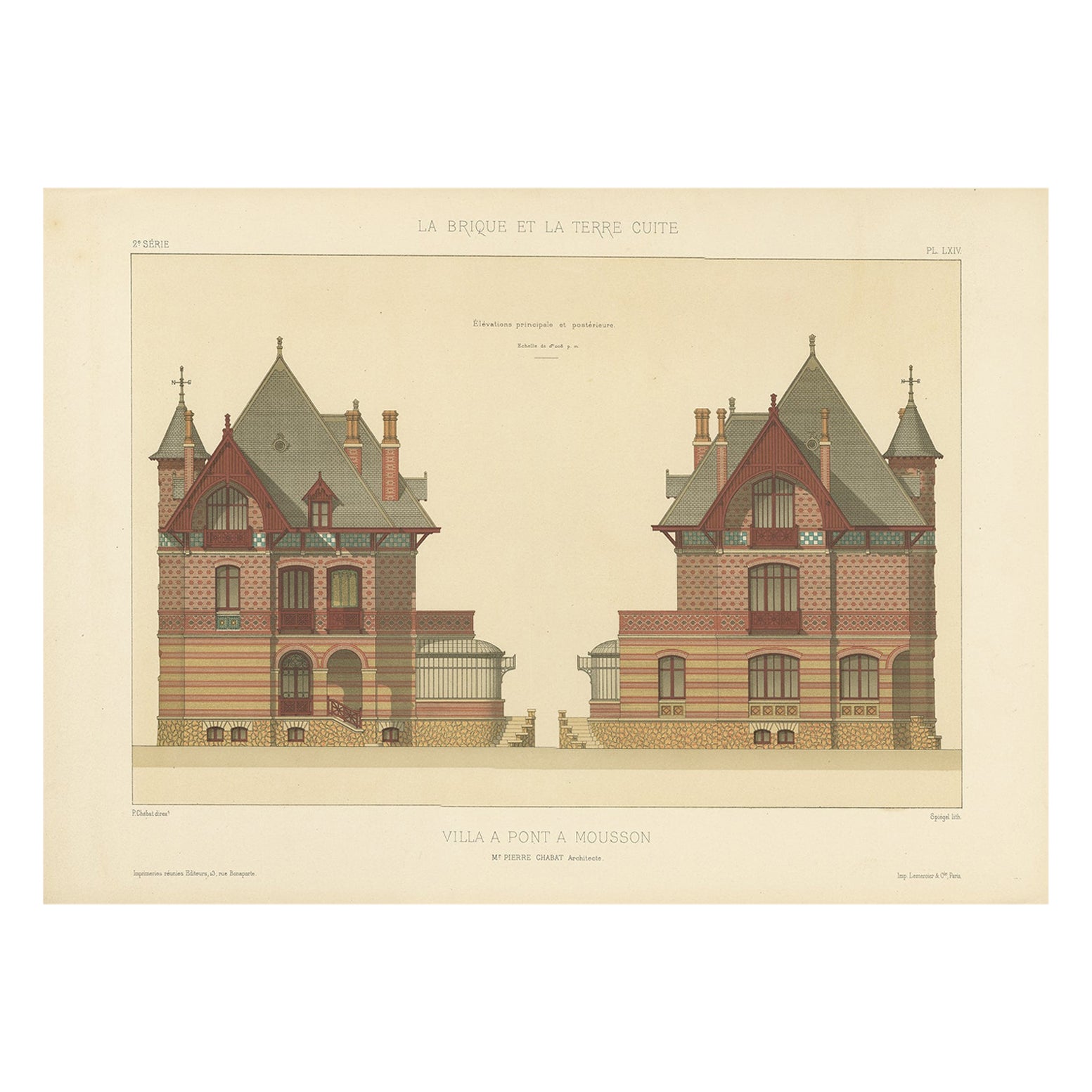 Französischer architektonischer Druck der Villa a Pont a Mousson, Chabat, um 1900