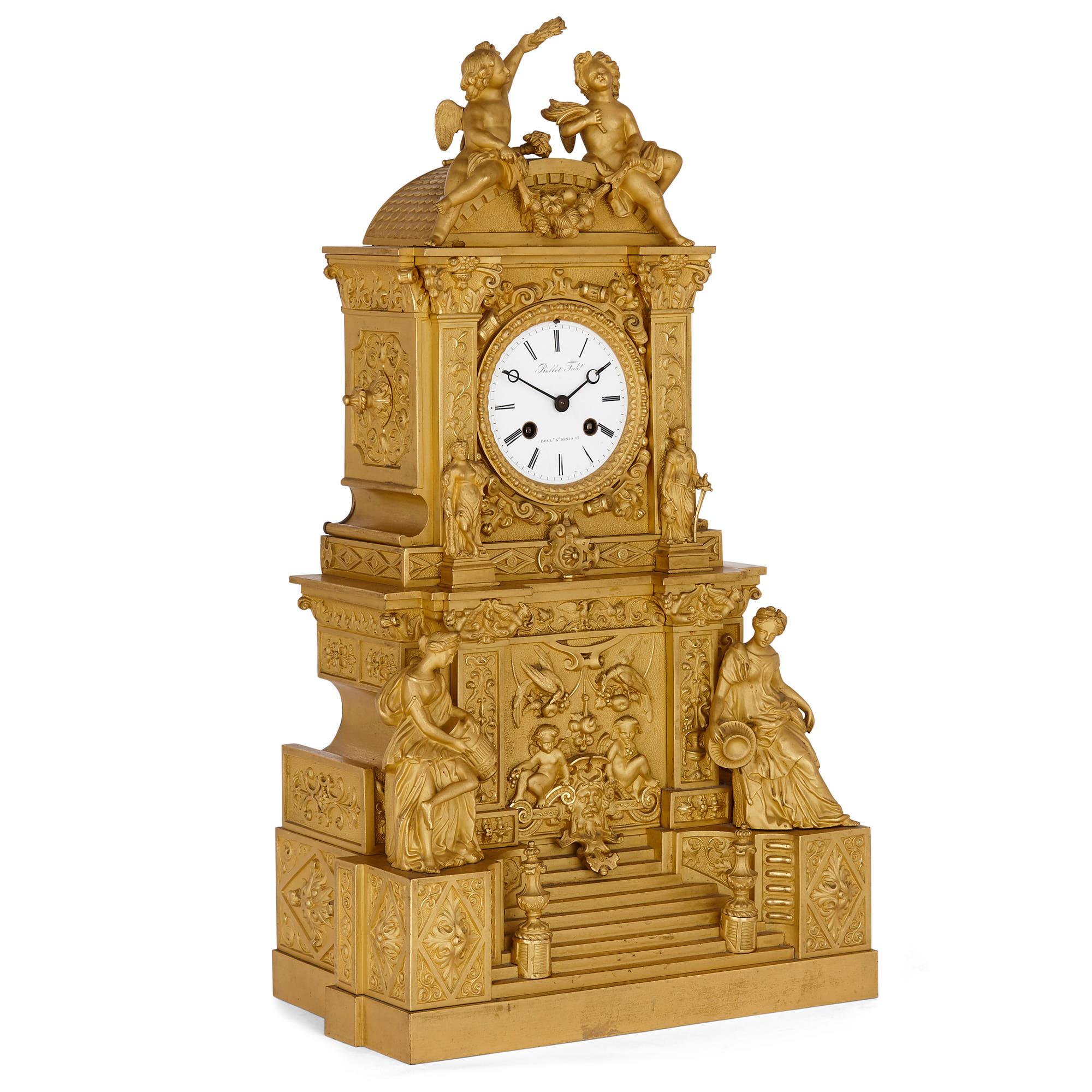 French architecturally formed ormolu mantel clock
French, 19th Century
Height 52cm, width 28cm, depth 17cm

This beautiful Baroque style mantel clock is crafted from gilt bronze. The highly detailed case takes the form of a piece of miniaturised