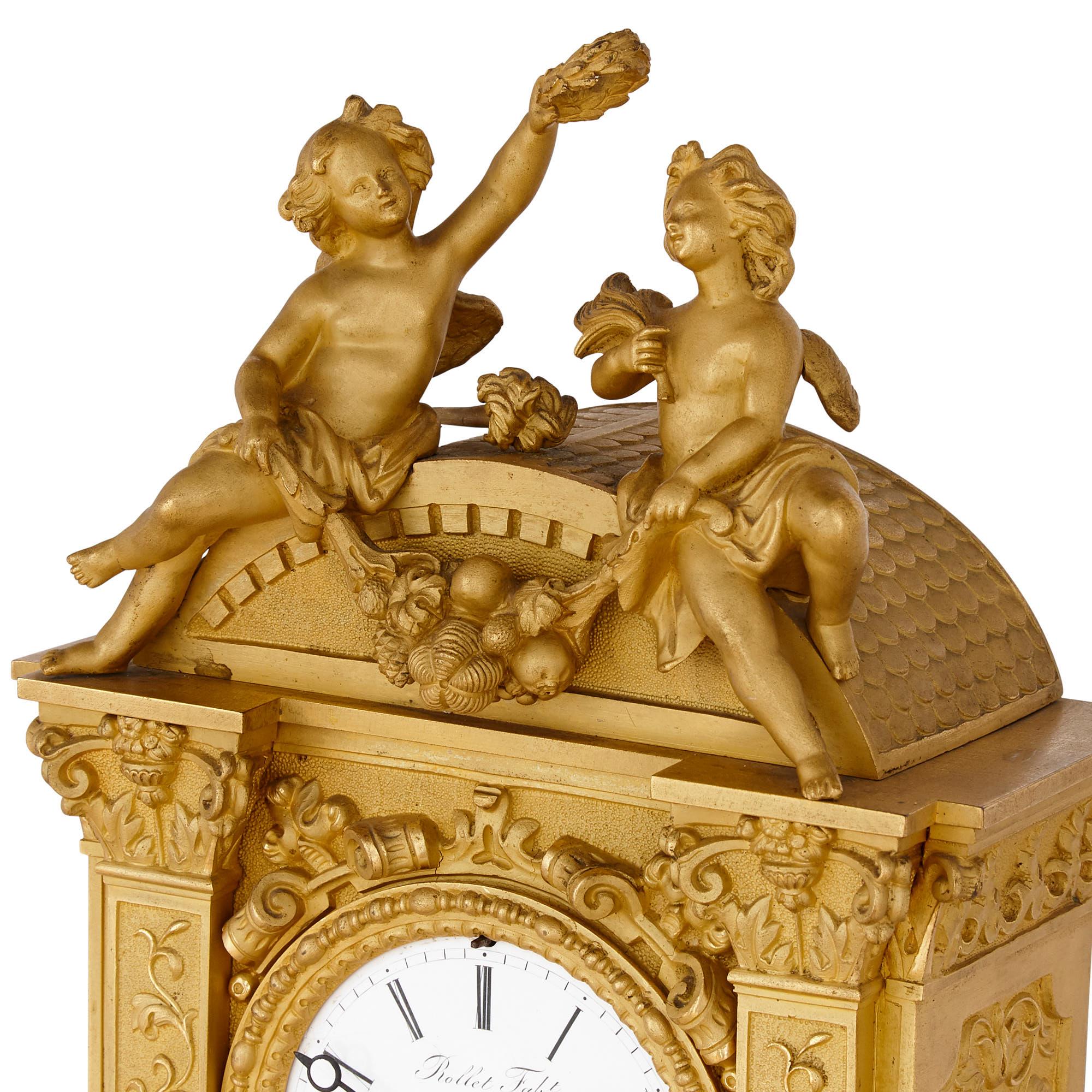 Gilt French Architecturally Formed Ormolu Mantel Clock For Sale