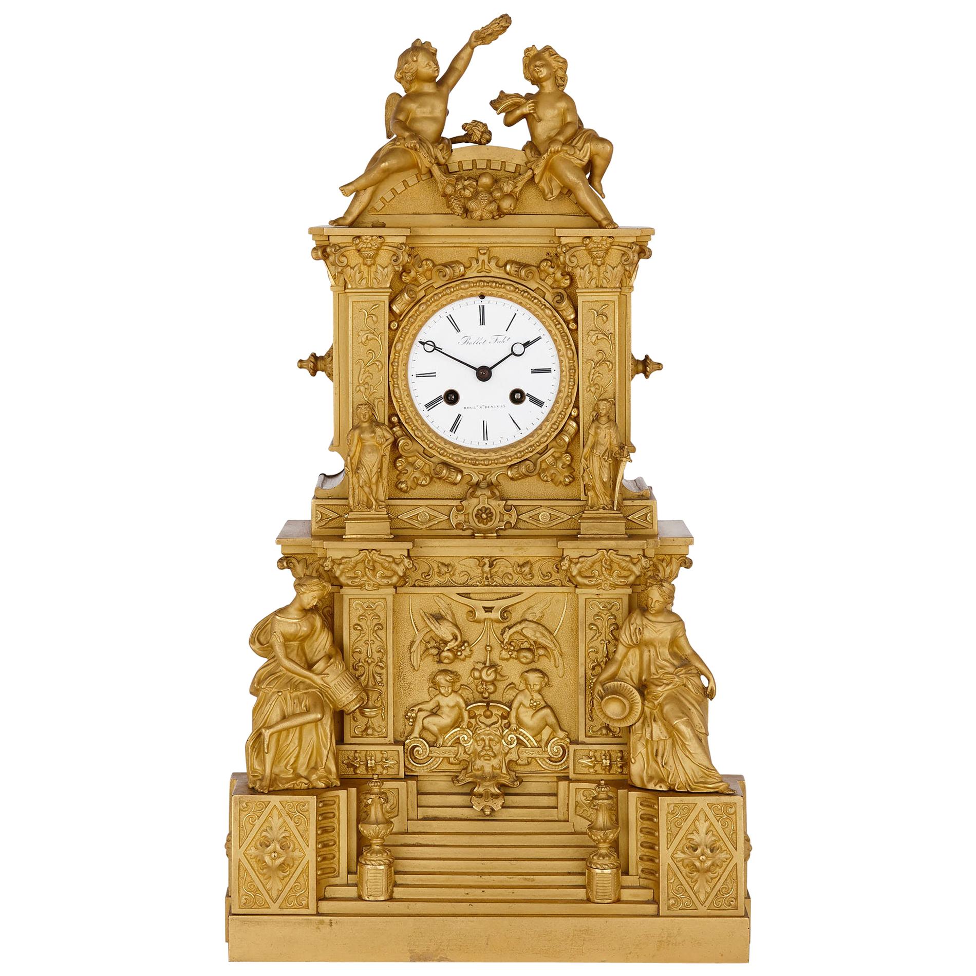 French Architecturally Formed Ormolu Mantel Clock For Sale