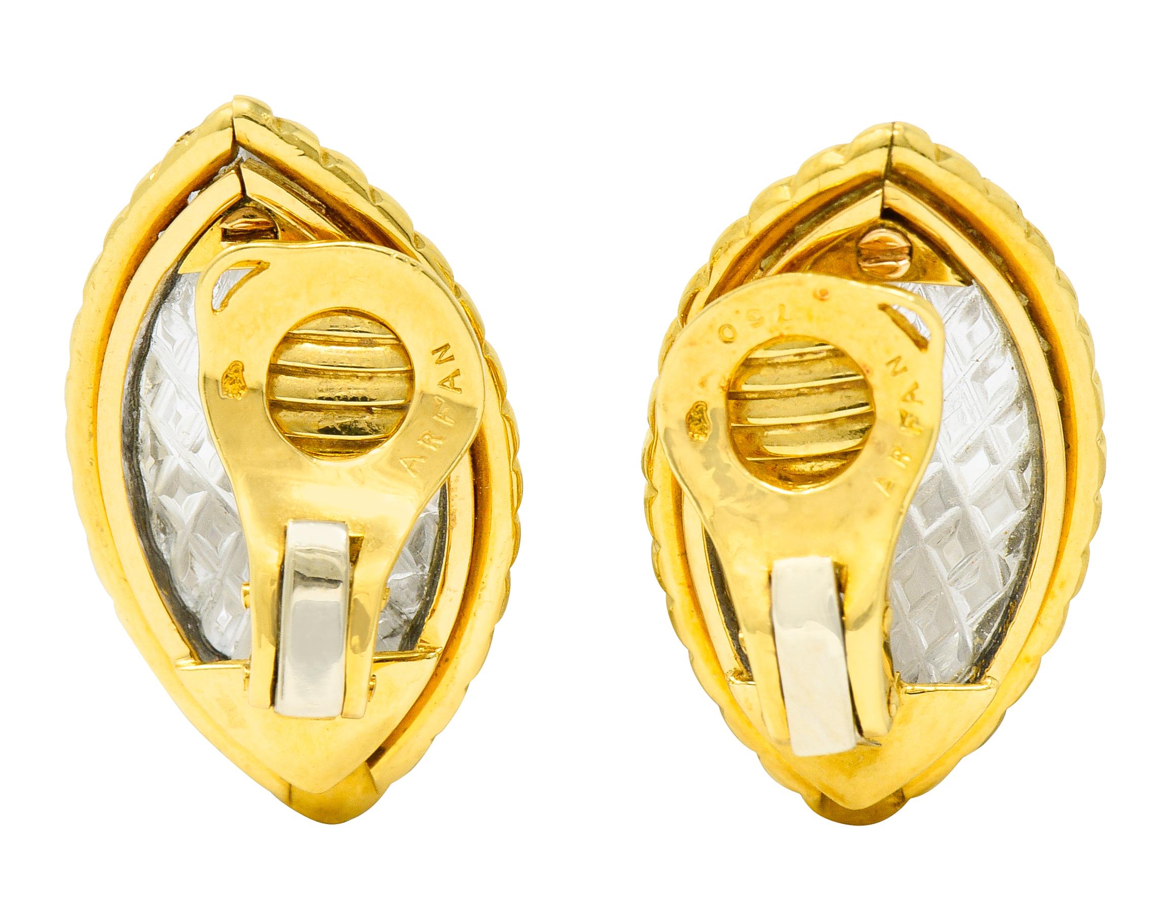 Contemporary French Arfan Vintage Fluted Rock Crystal Quartz 18 Karat Gold Ear-Clip Earrings
