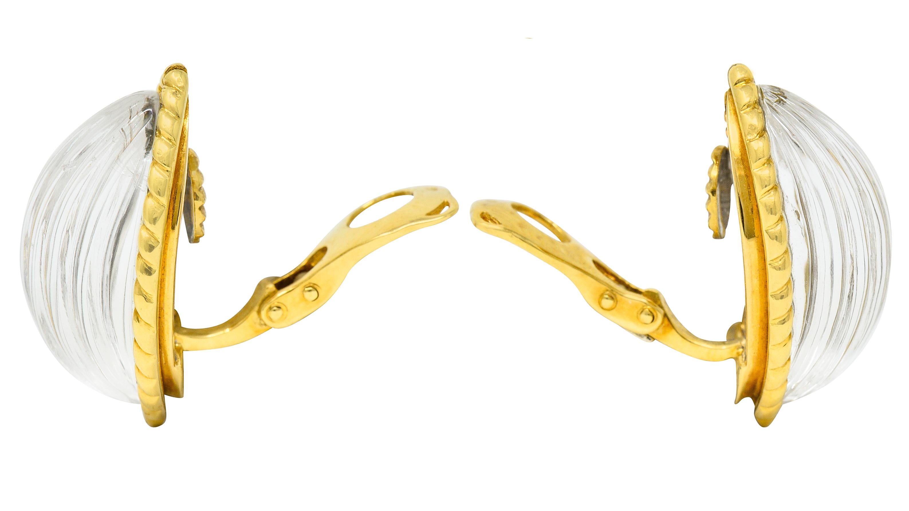 French Arfan Vintage Fluted Rock Crystal Quartz 18 Karat Gold Ear-Clip Earrings In Excellent Condition In Philadelphia, PA