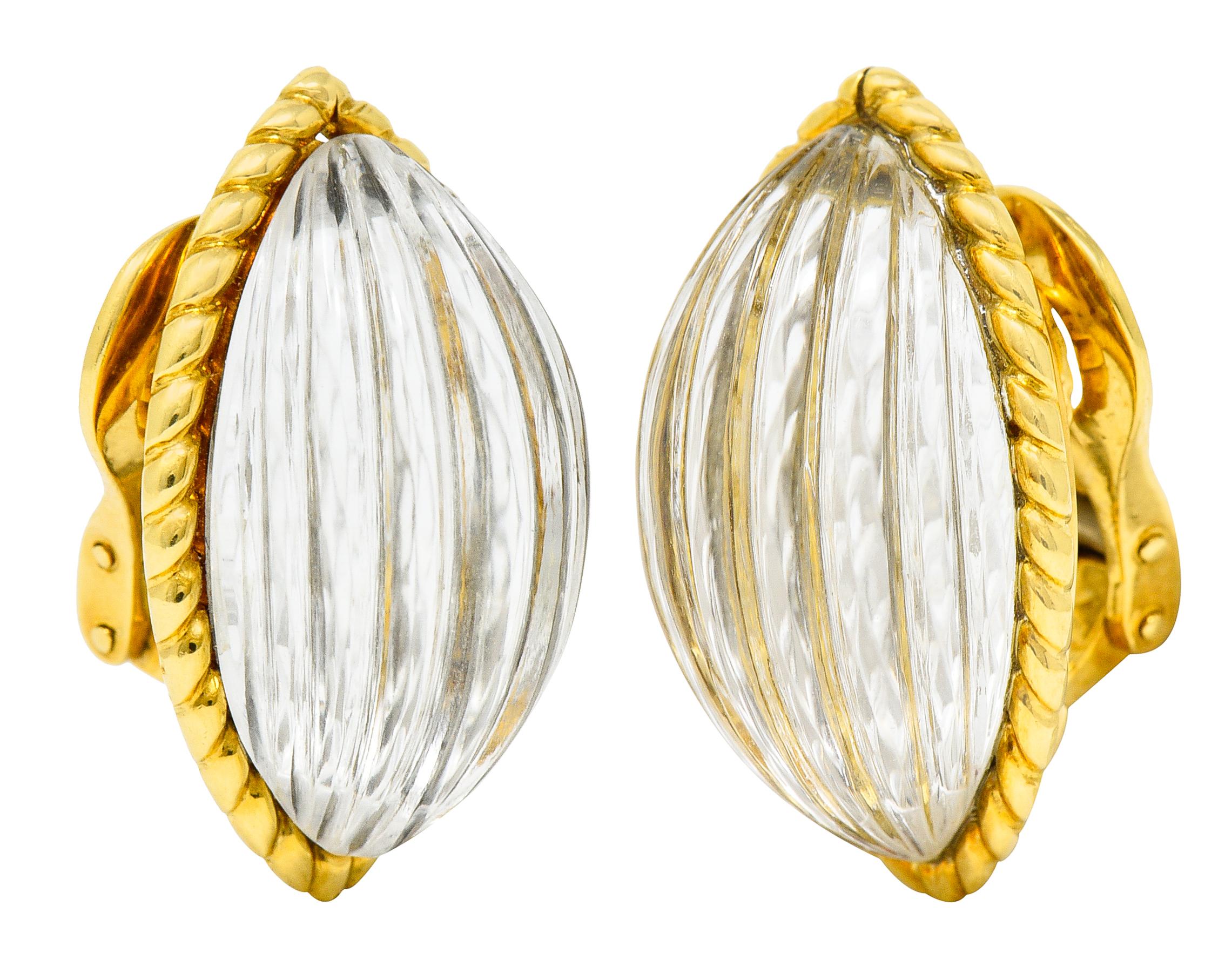 Women's or Men's French Arfan Vintage Fluted Rock Crystal Quartz 18 Karat Gold Ear-Clip Earrings