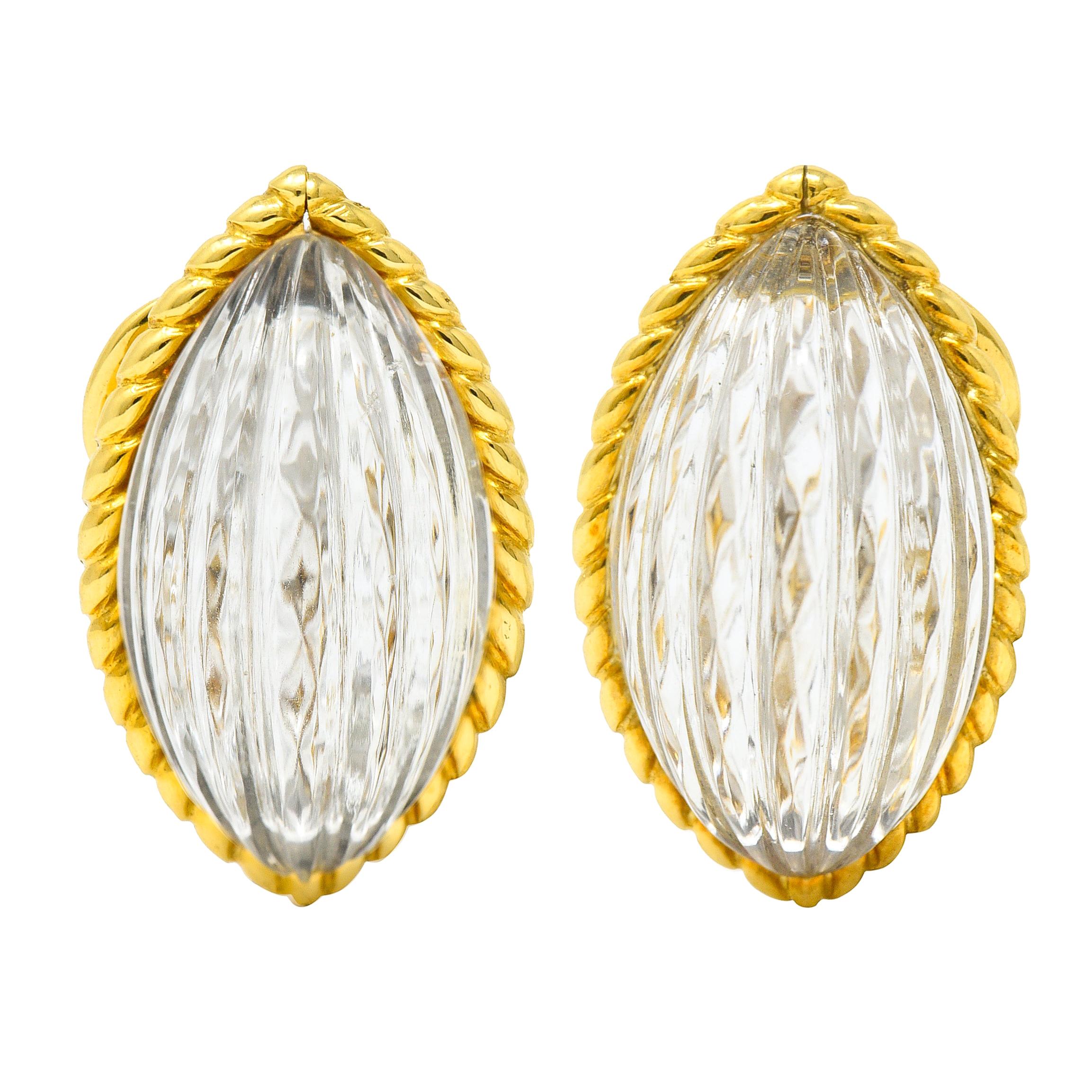 French Arfan Vintage Fluted Rock Crystal Quartz 18 Karat Gold Ear-Clip Earrings