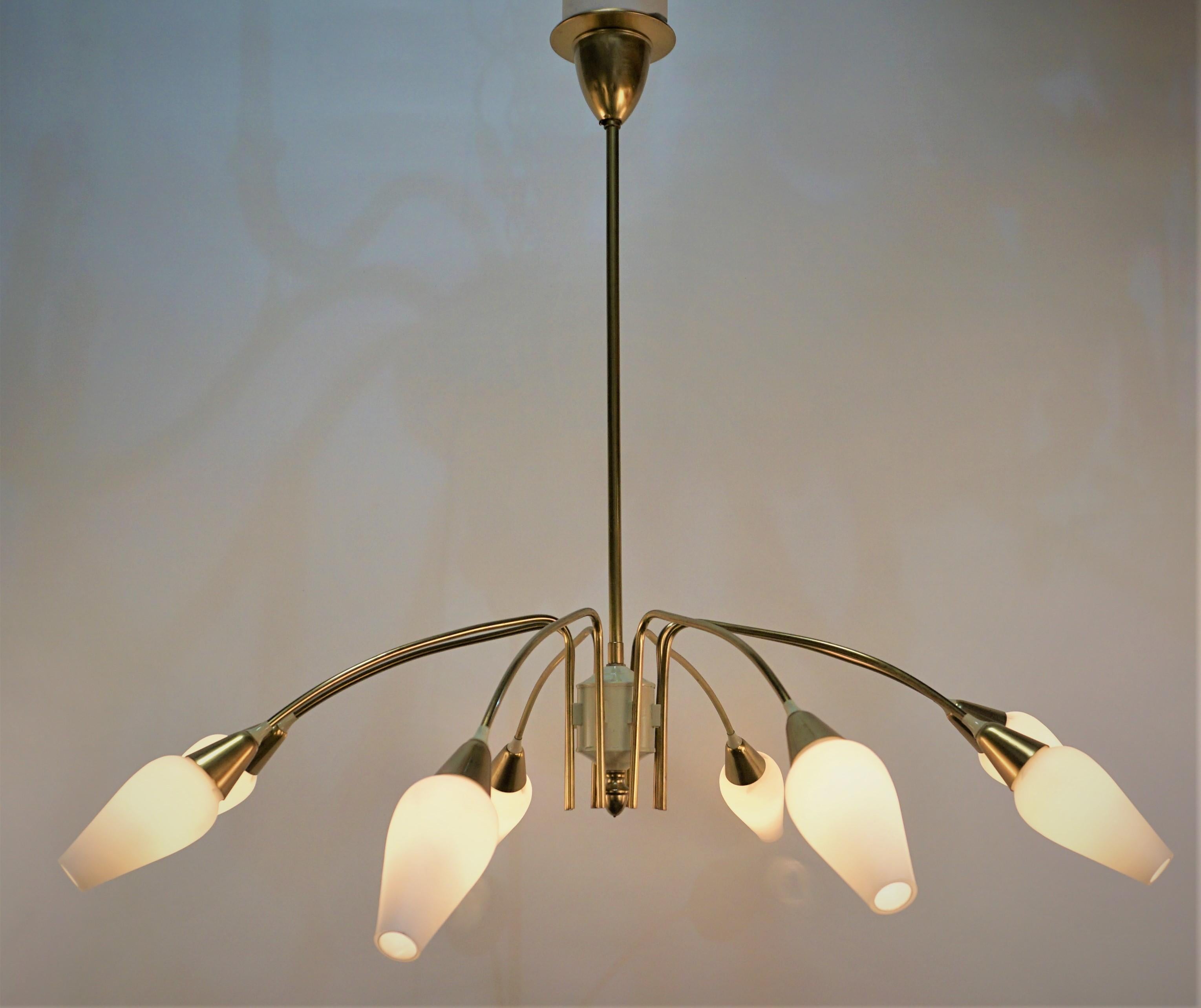 Large midcentury Modernist French bronze and and white glass eight light 1950's chandelier