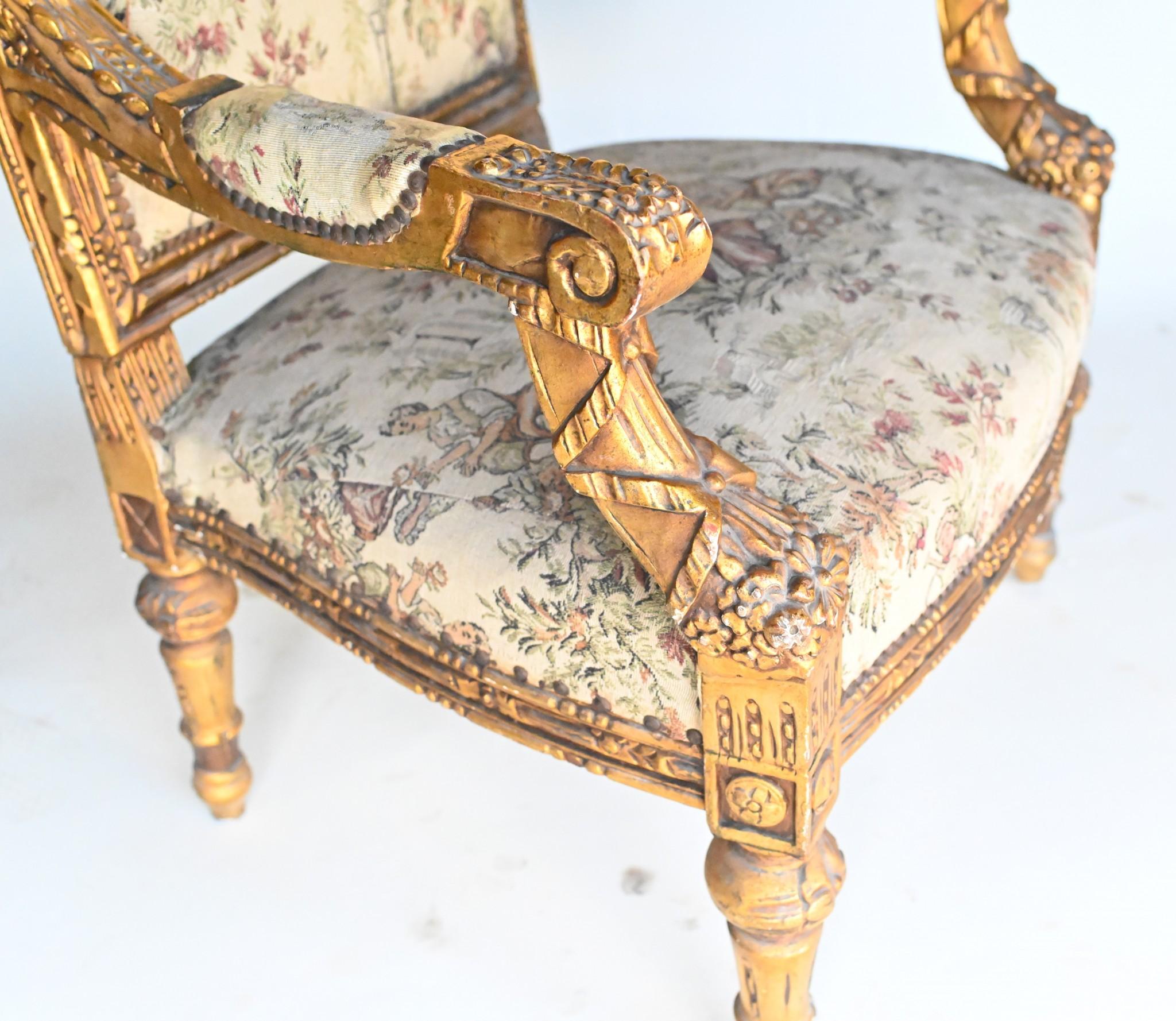 Early 20th Century French Arm Chairs Gilt Seats Empire Hand Carved For Sale