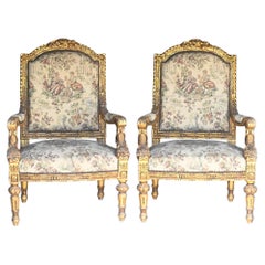 French Arm Chairs Gilt Seats Empire Hand Carved