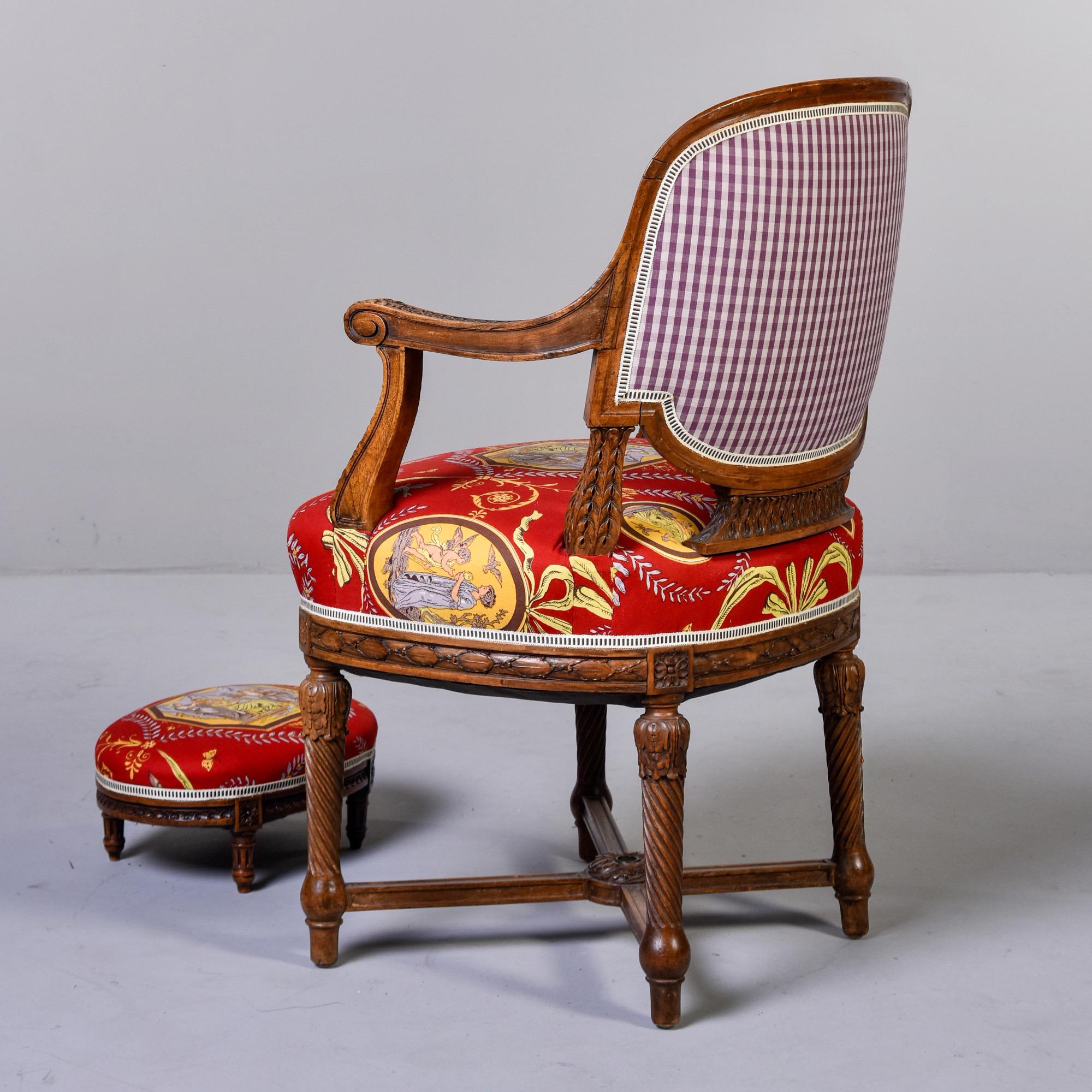 French Armchair and Stool in Fortuny Fabric In Good Condition In Troy, MI