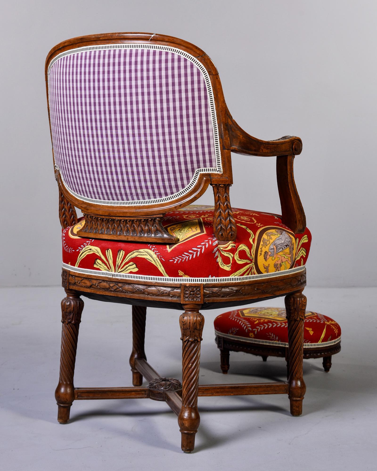 19th Century French Armchair and Stool in Fortuny Fabric