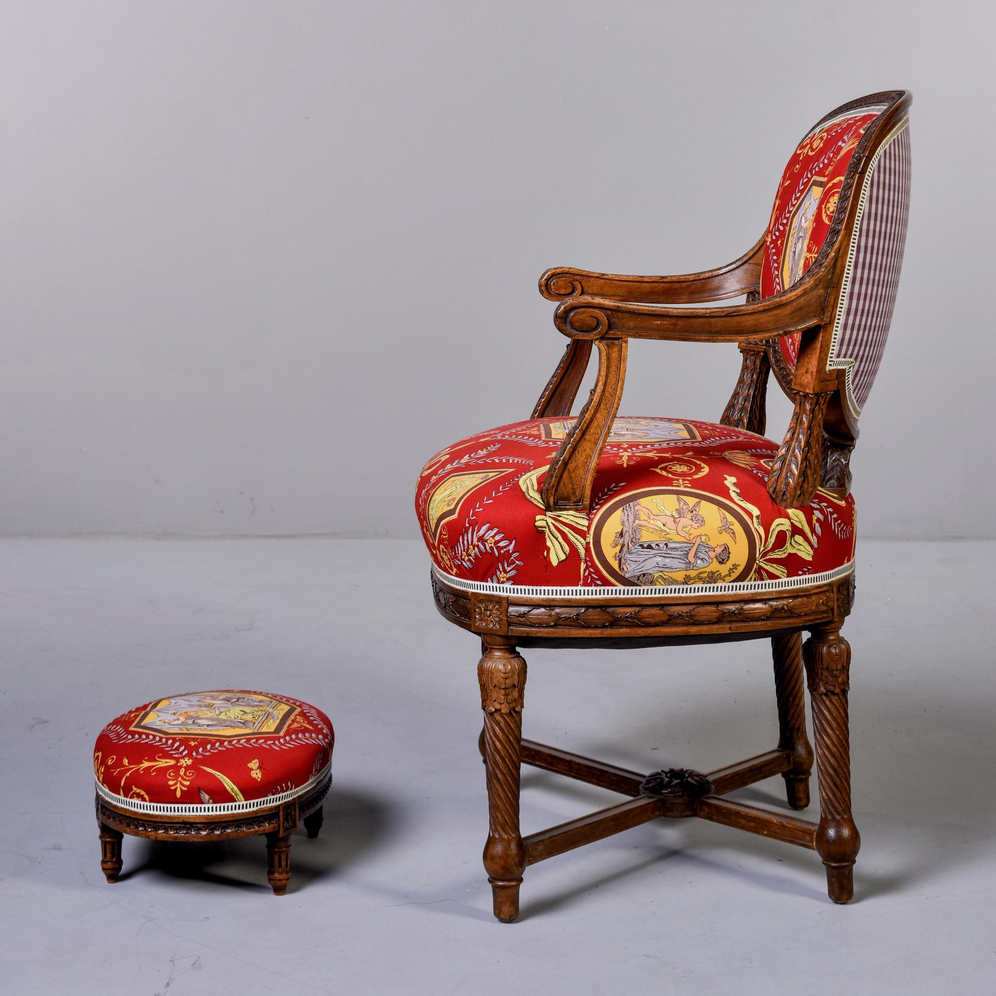 Upholstery French Armchair and Stool in Fortuny Fabric