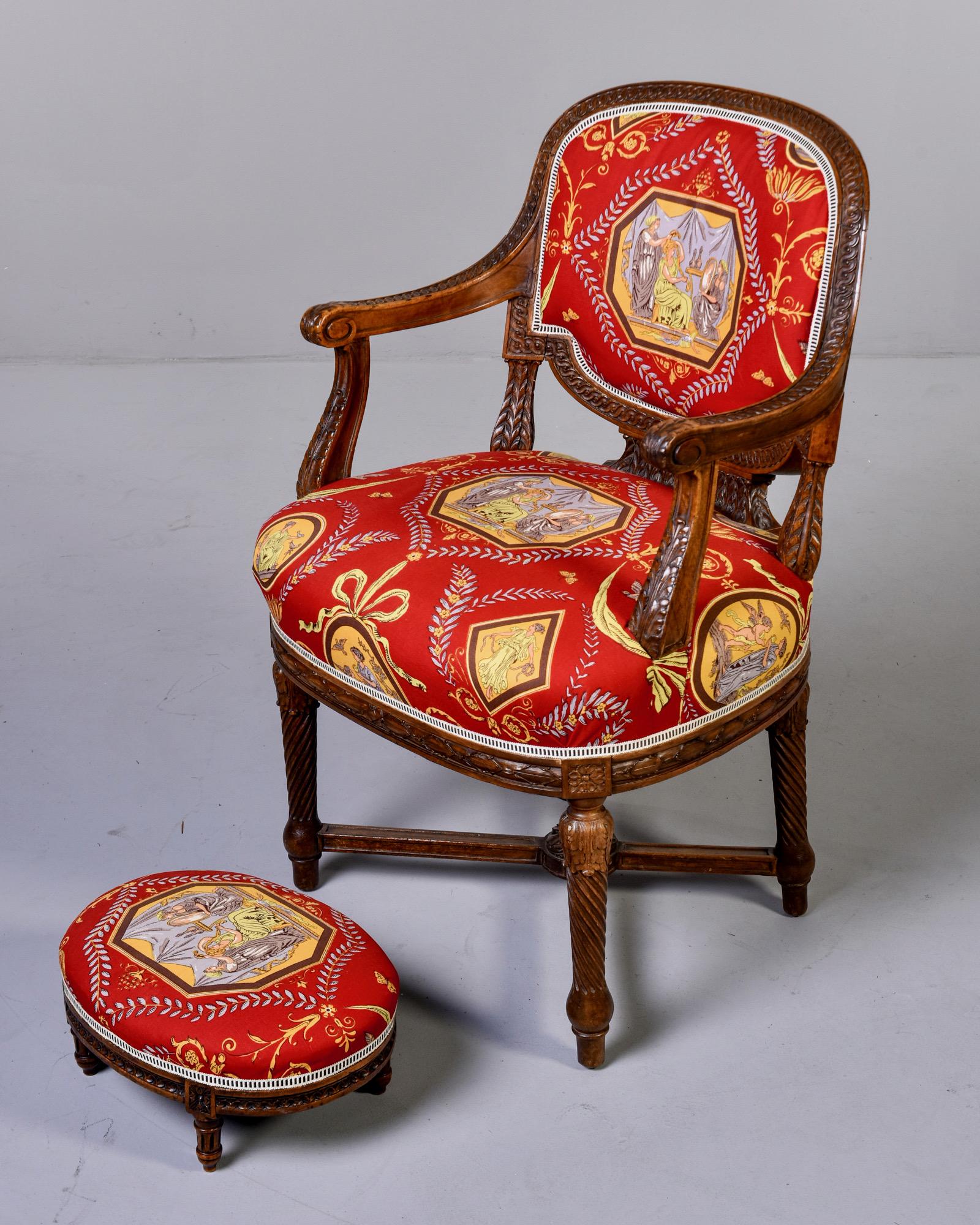 French Armchair and Stool in Fortuny Fabric 1