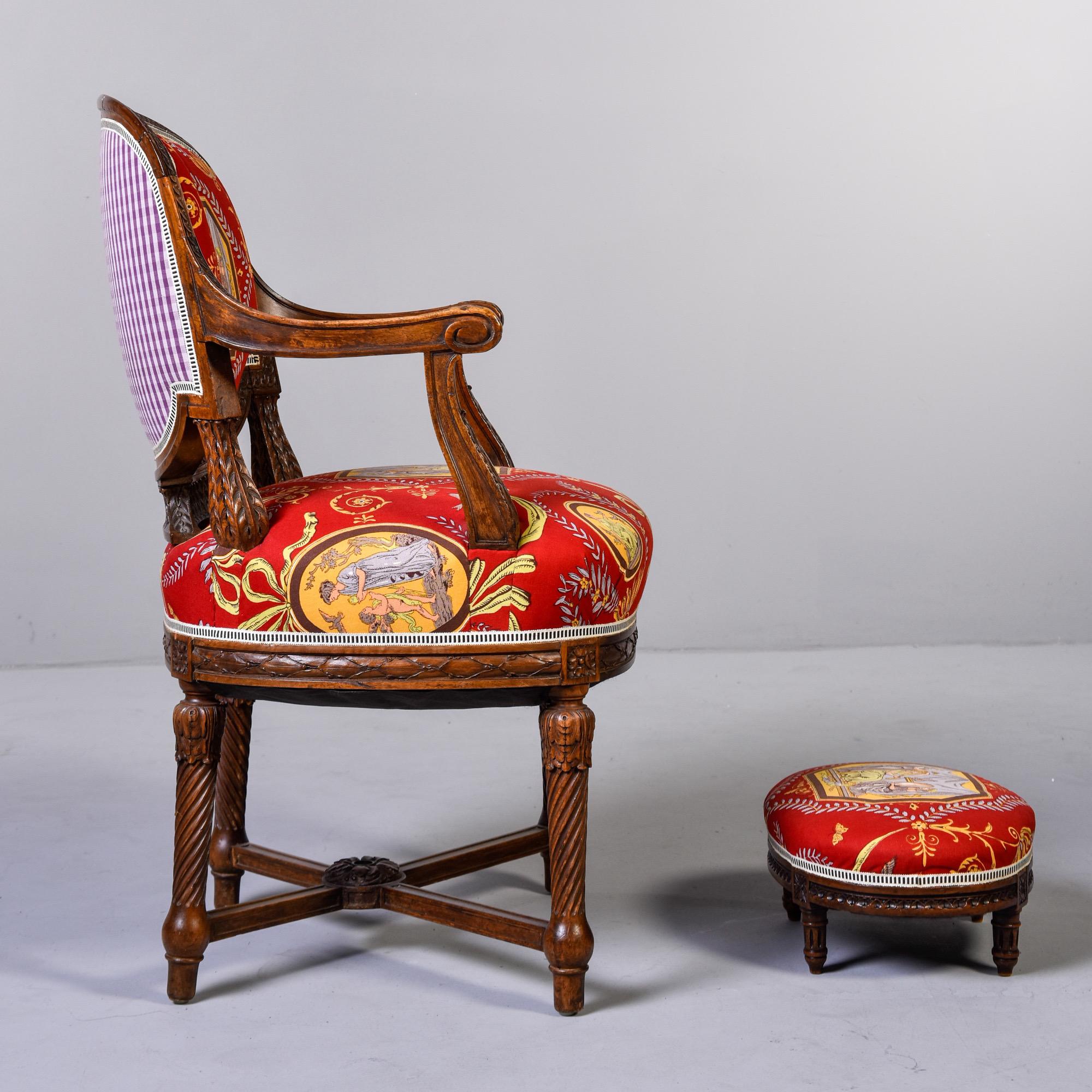 French Armchair and Stool in Fortuny Fabric 2