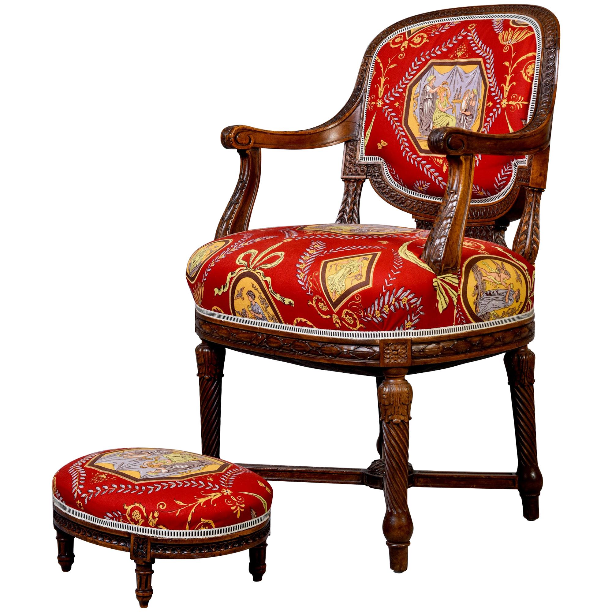 French Armchair and Stool in Fortuny Fabric