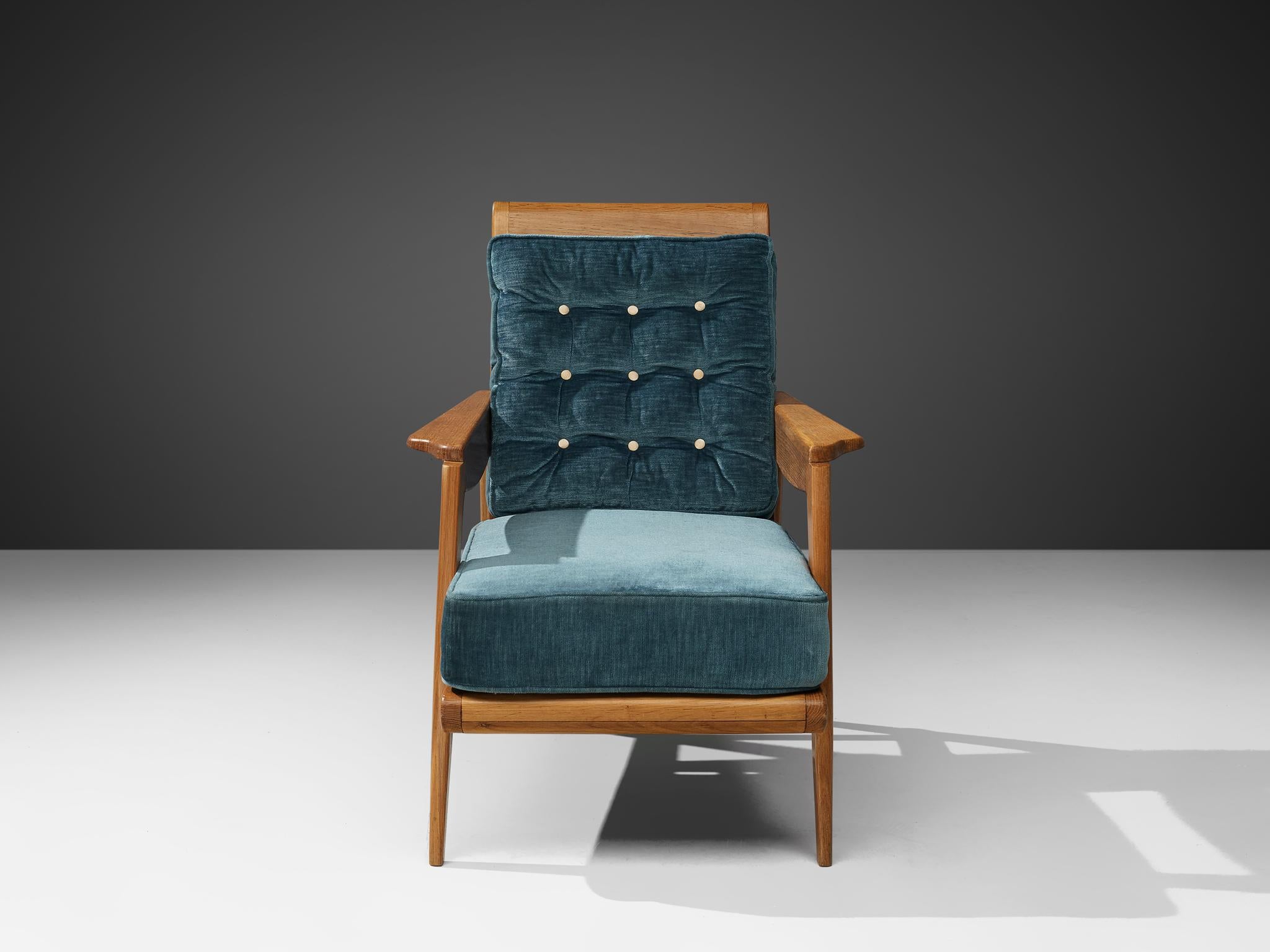 Mid-Century Modern French Armchair in Oak and Blue Velvet  For Sale