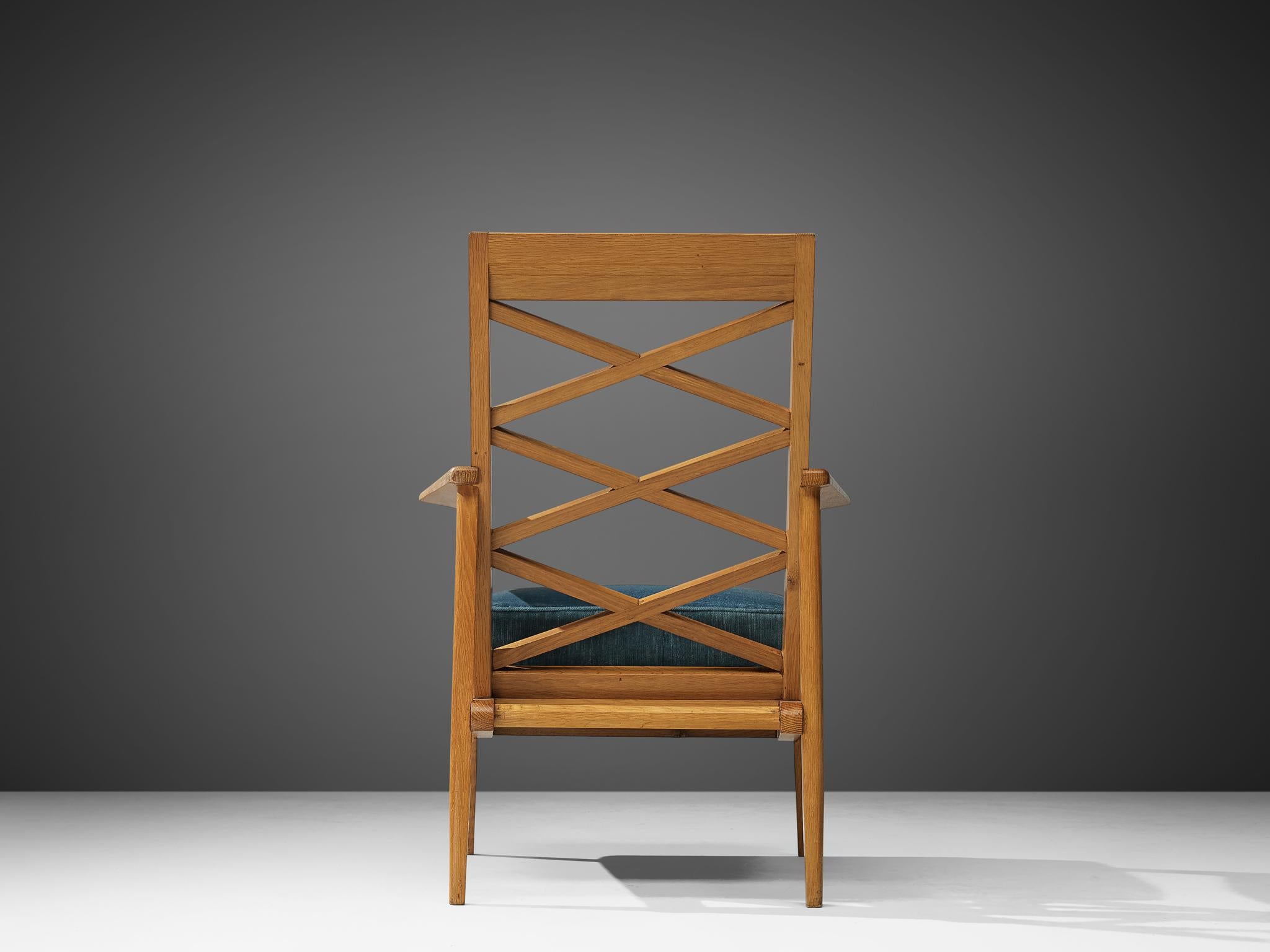 French Armchair in Oak and Blue Velvet For Sale 2