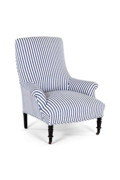 French Armchair in Wide Stripe Blue Linen