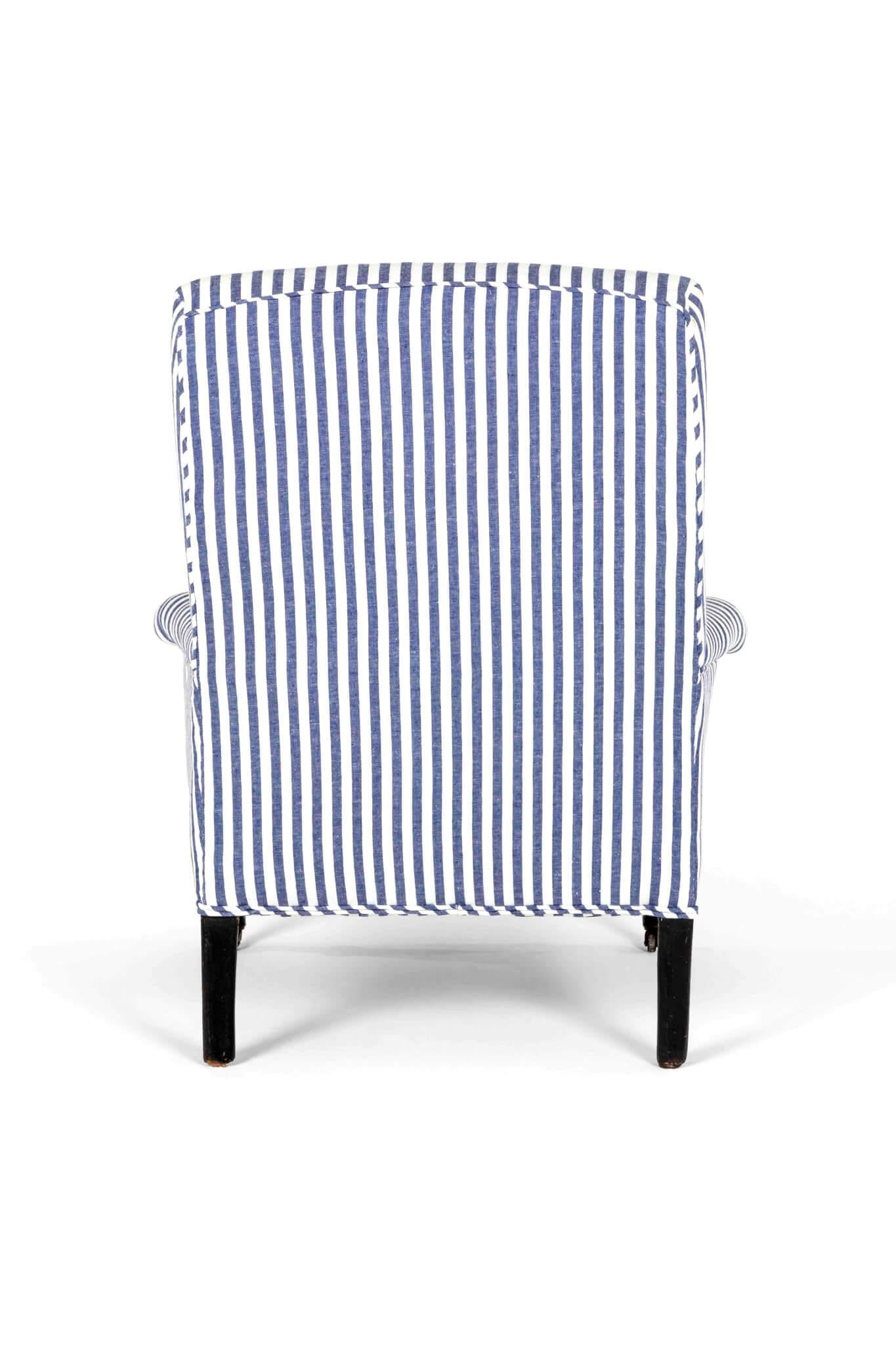 French Provincial French Armchair in Wide Stripe Blue Linen For Sale