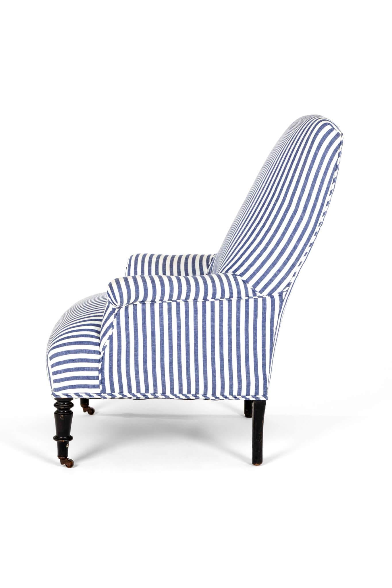 Hand-Crafted French Armchair in Wide Stripe Blue Linen For Sale