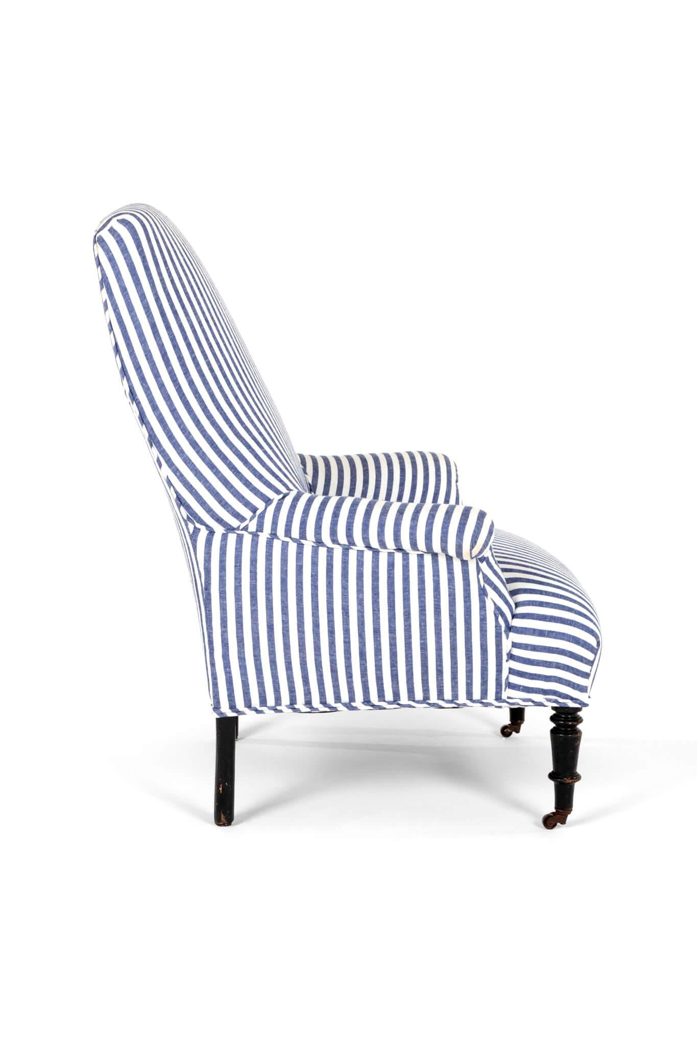 French Armchair in Wide Stripe Blue Linen In Excellent Condition For Sale In Faversham, GB
