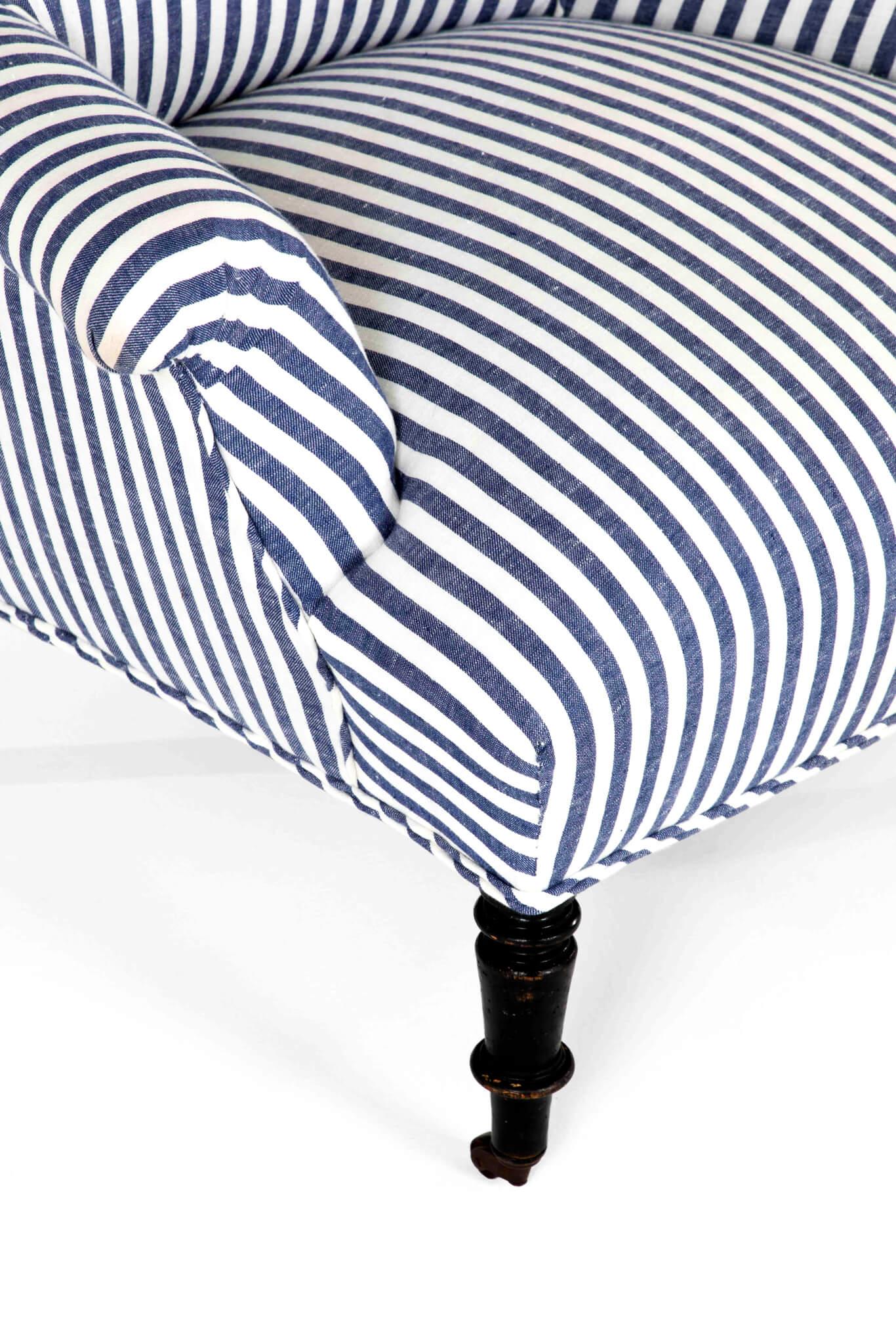 19th Century French Armchair in Wide Stripe Blue Linen For Sale