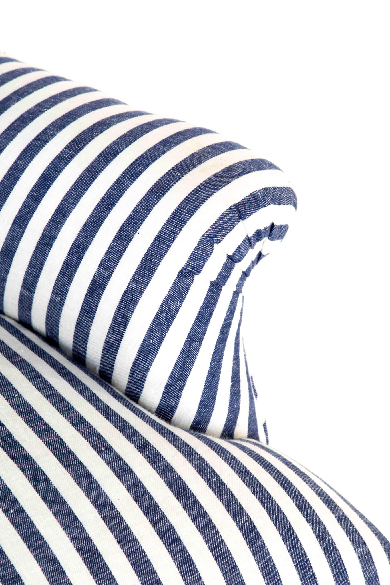 French Armchair in Wide Stripe Blue Linen For Sale 3