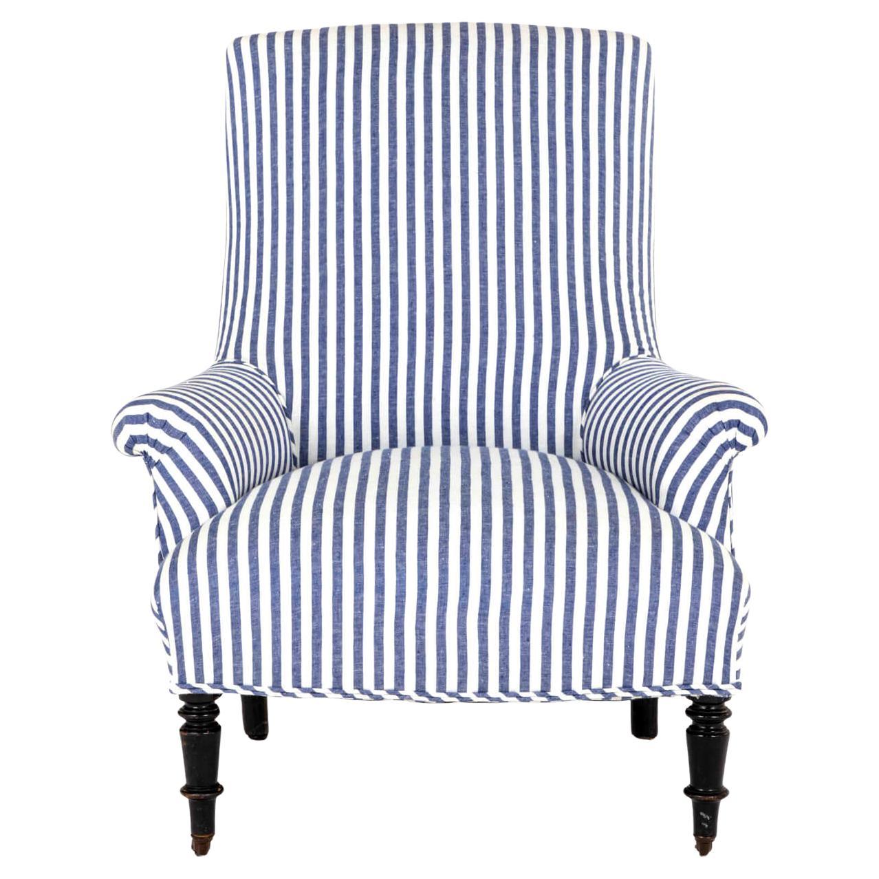 French Armchair in Wide Stripe Blue Linen