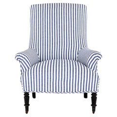 French Armchair in Wide Stripe Blue Linen