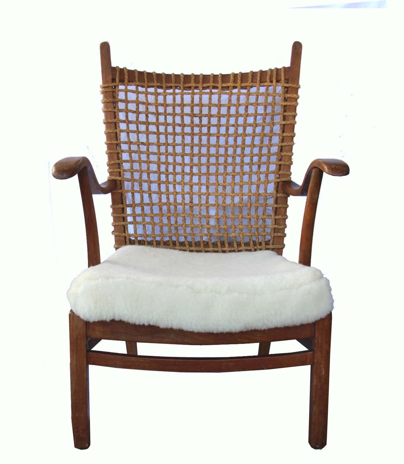 French Armchair Rope Back, Lambskin Seat In Good Condition In Sag Harbor, NY