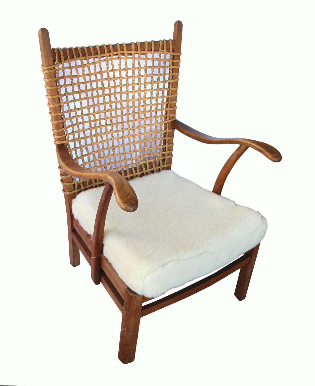 20th Century French Armchair Rope Back, Lambskin Seat