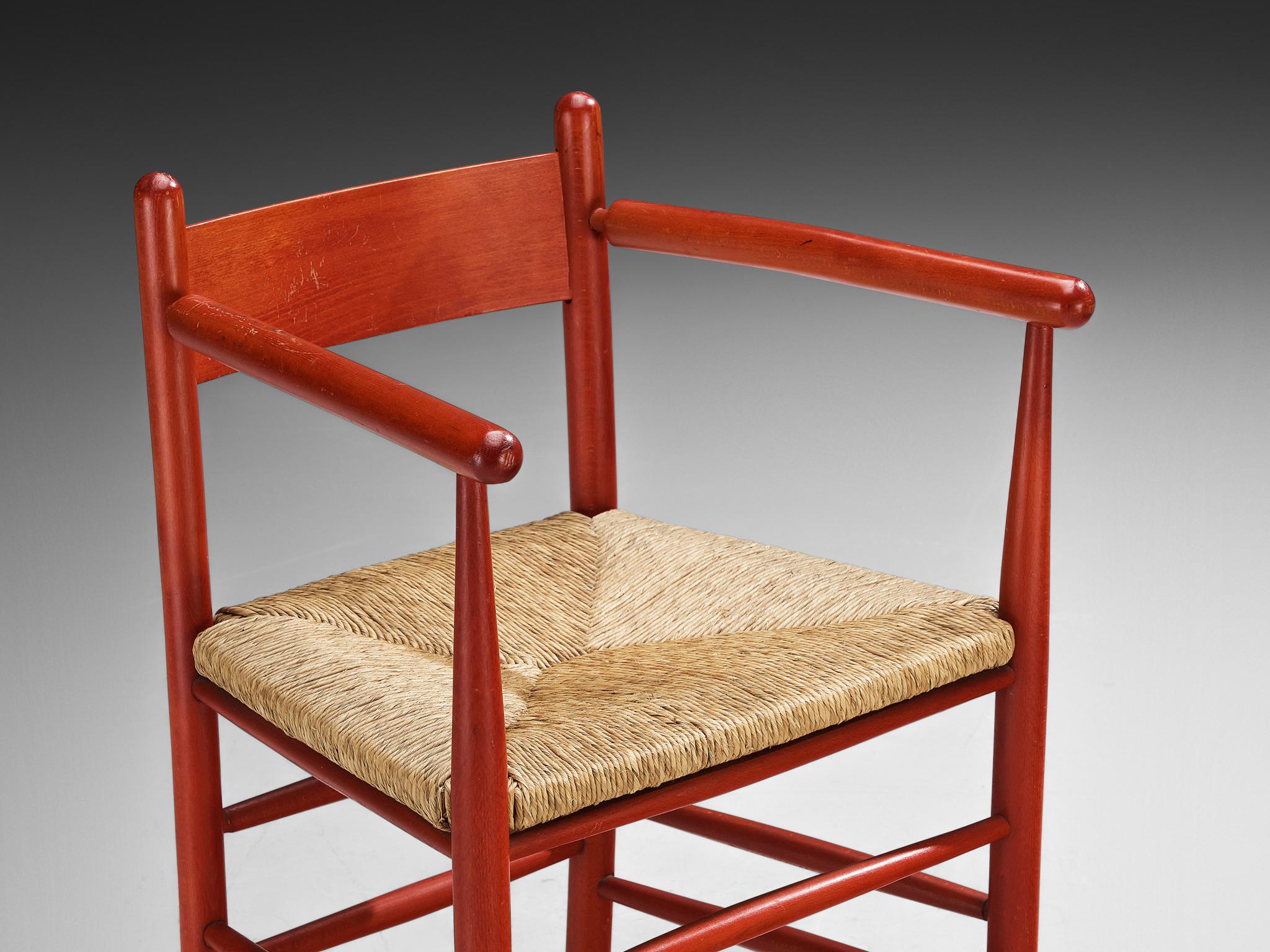 Mid-Century Modern French Armchair with Red Wooden Frame and Straw Seat For Sale