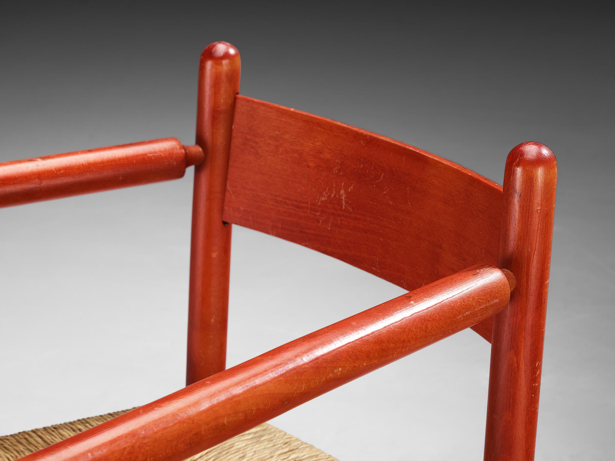 French Armchair with Red Wooden Frame and Straw Seat In Good Condition For Sale In Waalwijk, NL