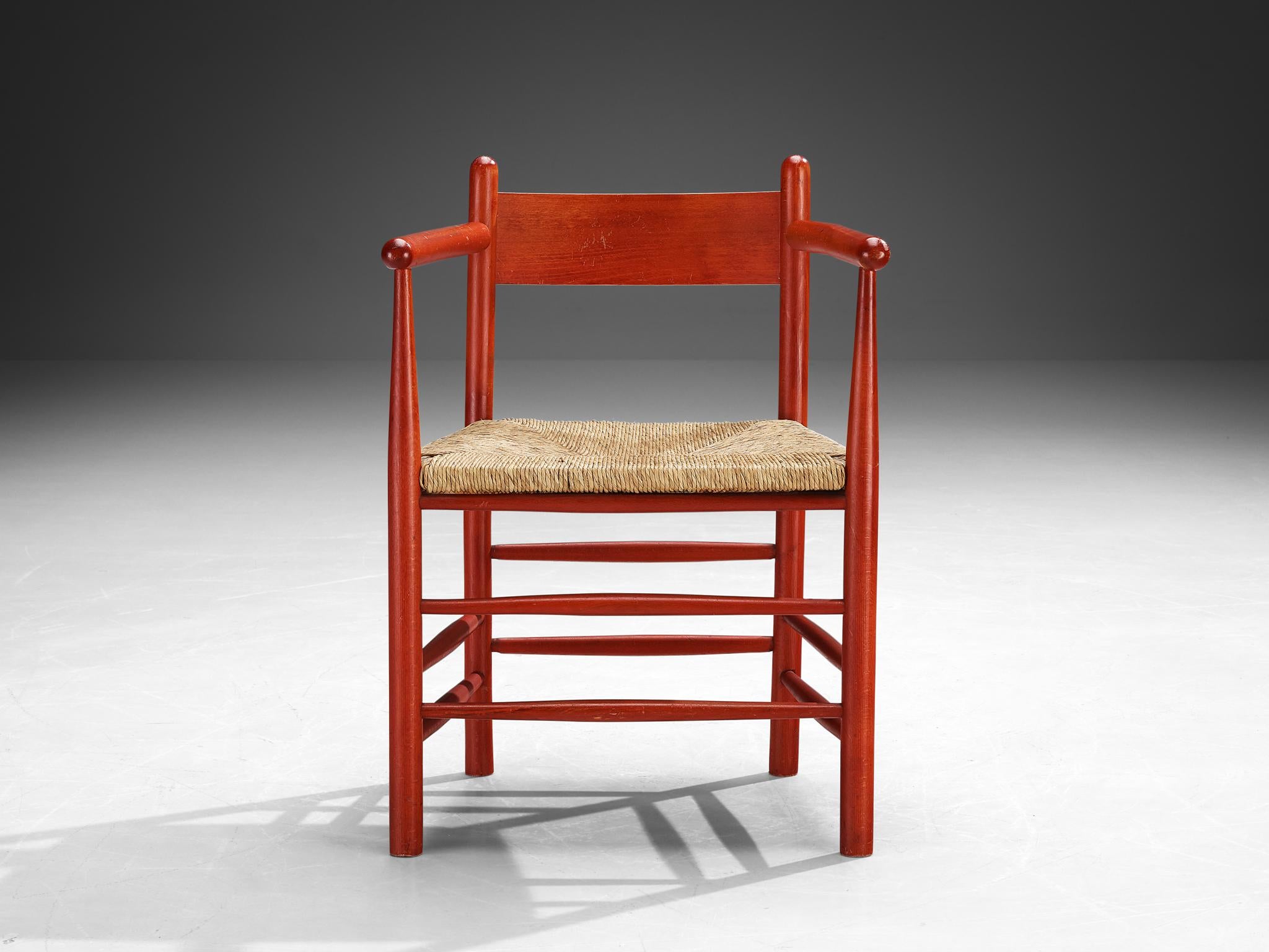 Mid-20th Century French Armchair with Red Wooden Frame and Straw Seat For Sale