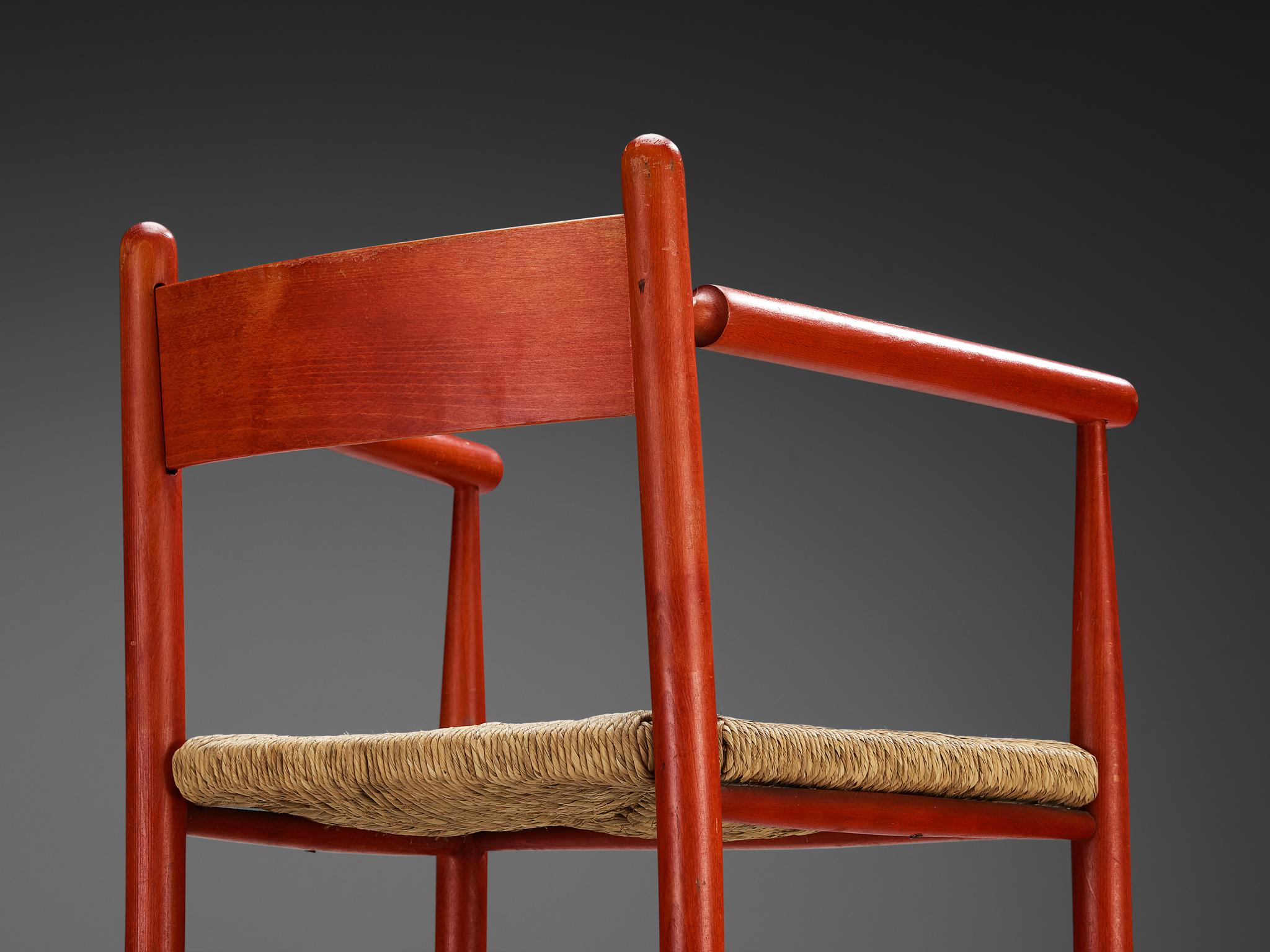 French Armchair with Red Wooden Frame and Straw Seat For Sale 1