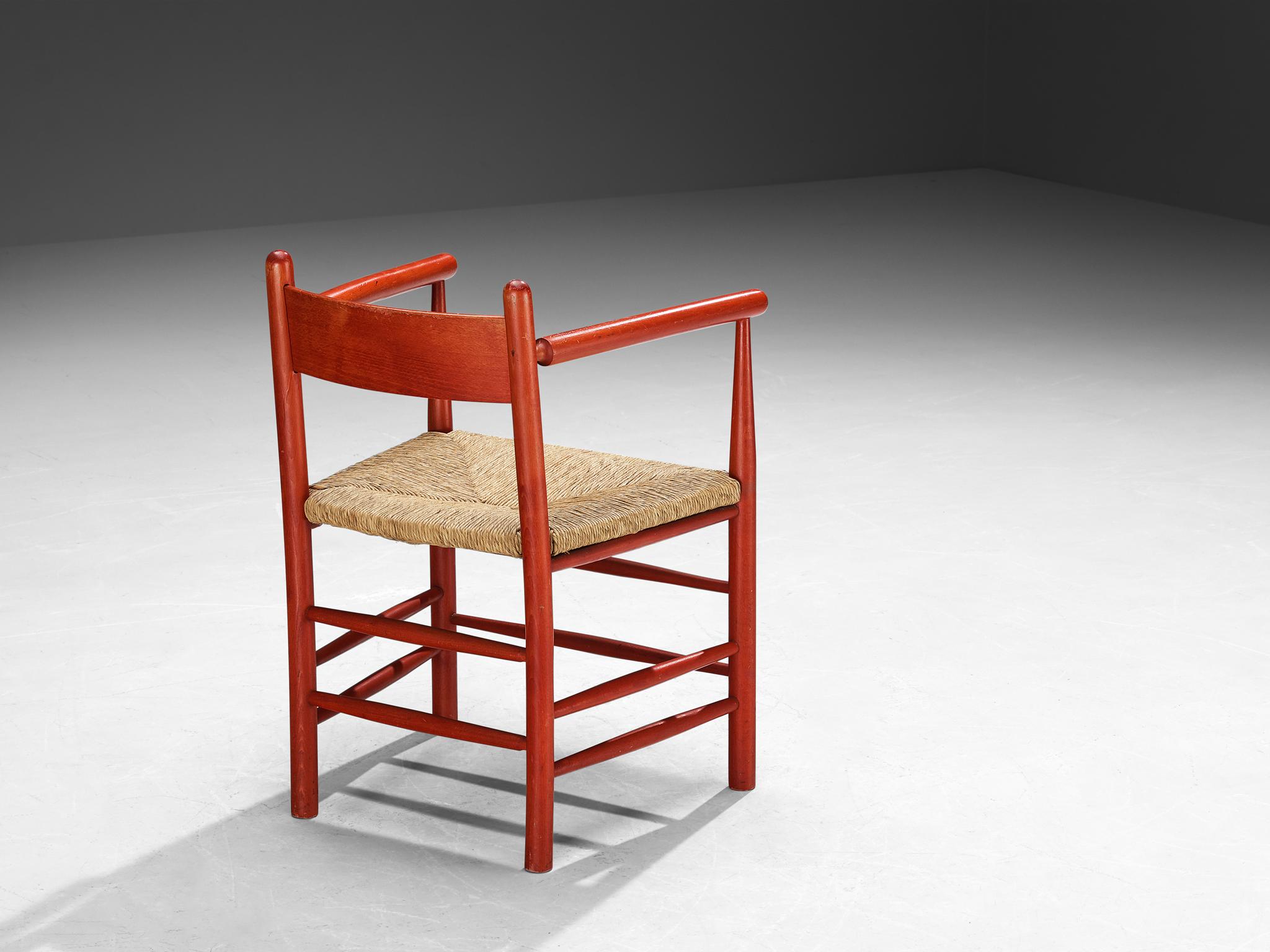 French Armchair with Red Wooden Frame and Straw Seat For Sale 2