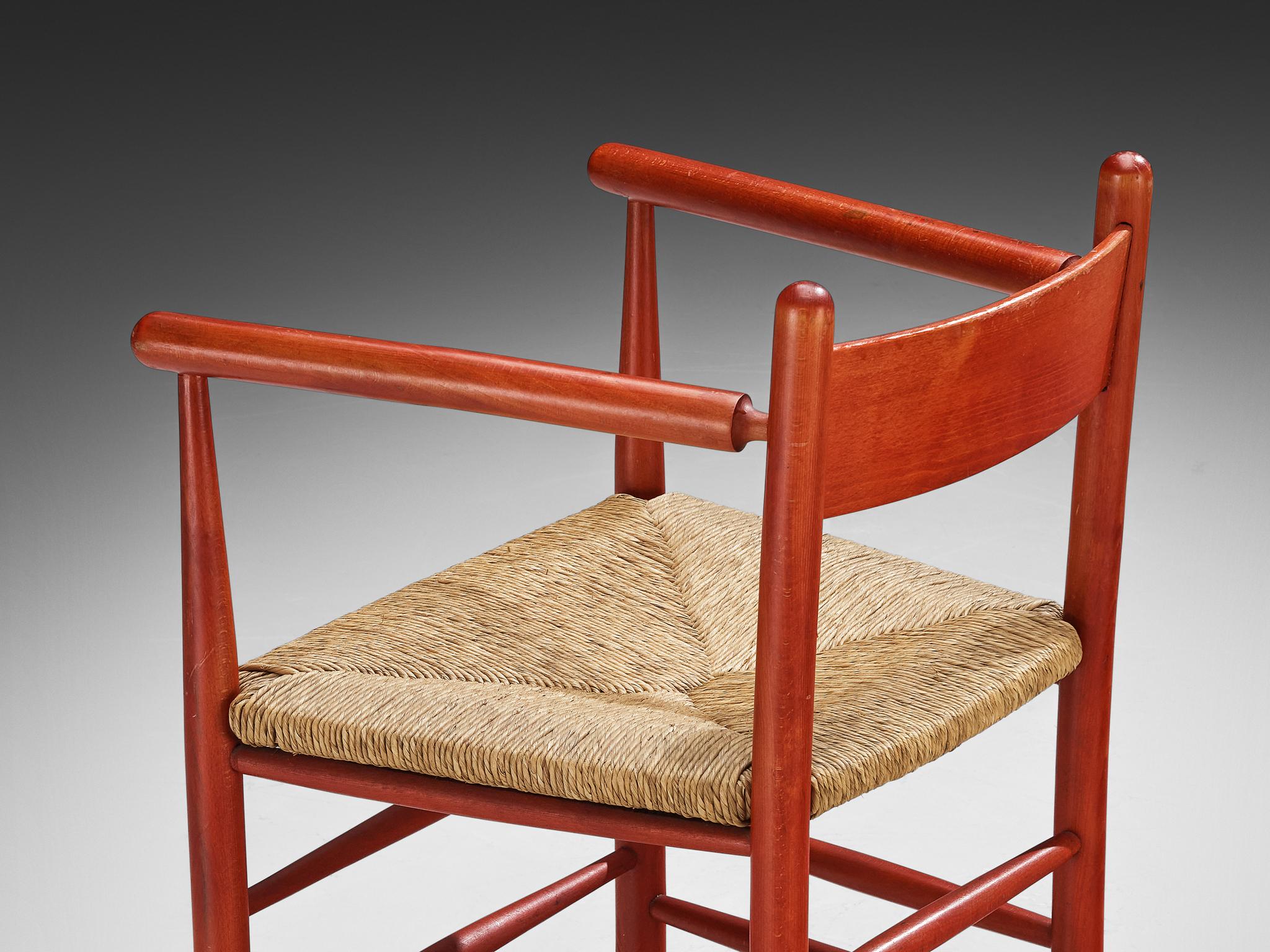 French Armchair with Red Wooden Frame and Straw Seat For Sale 3