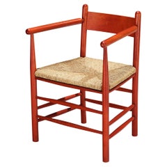 French Armchair with Red Wooden Frame and Straw Seat