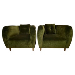 Luxurious Green Mohair French Armchairs, PAIR