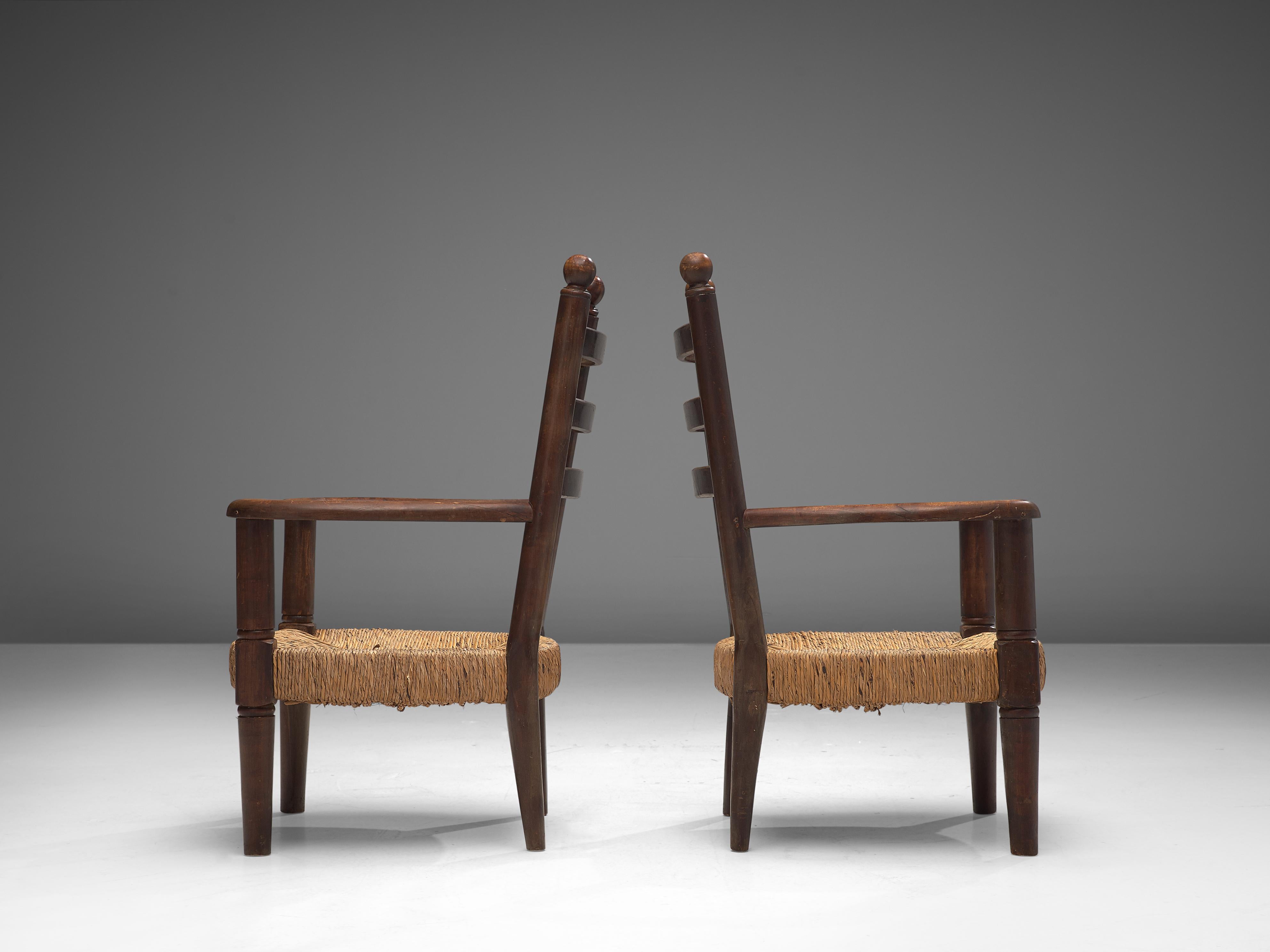 Rustic Pair of French Lounge Chairs in Stained Wood and Cane  In Good Condition In Waalwijk, NL