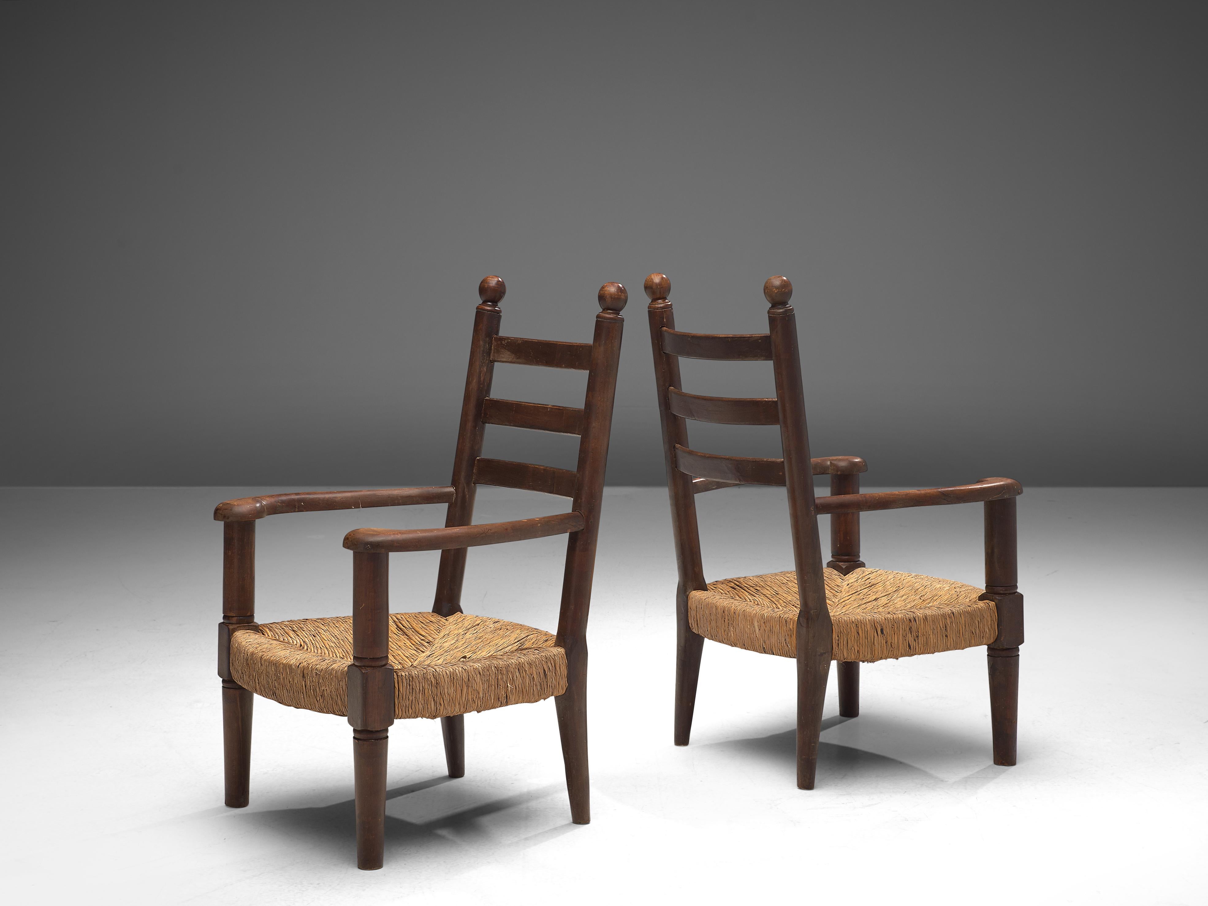 Beech Rustic Pair of French Lounge Chairs in Stained Wood and Cane 