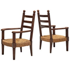 Rustic Pair of French Lounge Chairs in Stained Wood and Cane 
