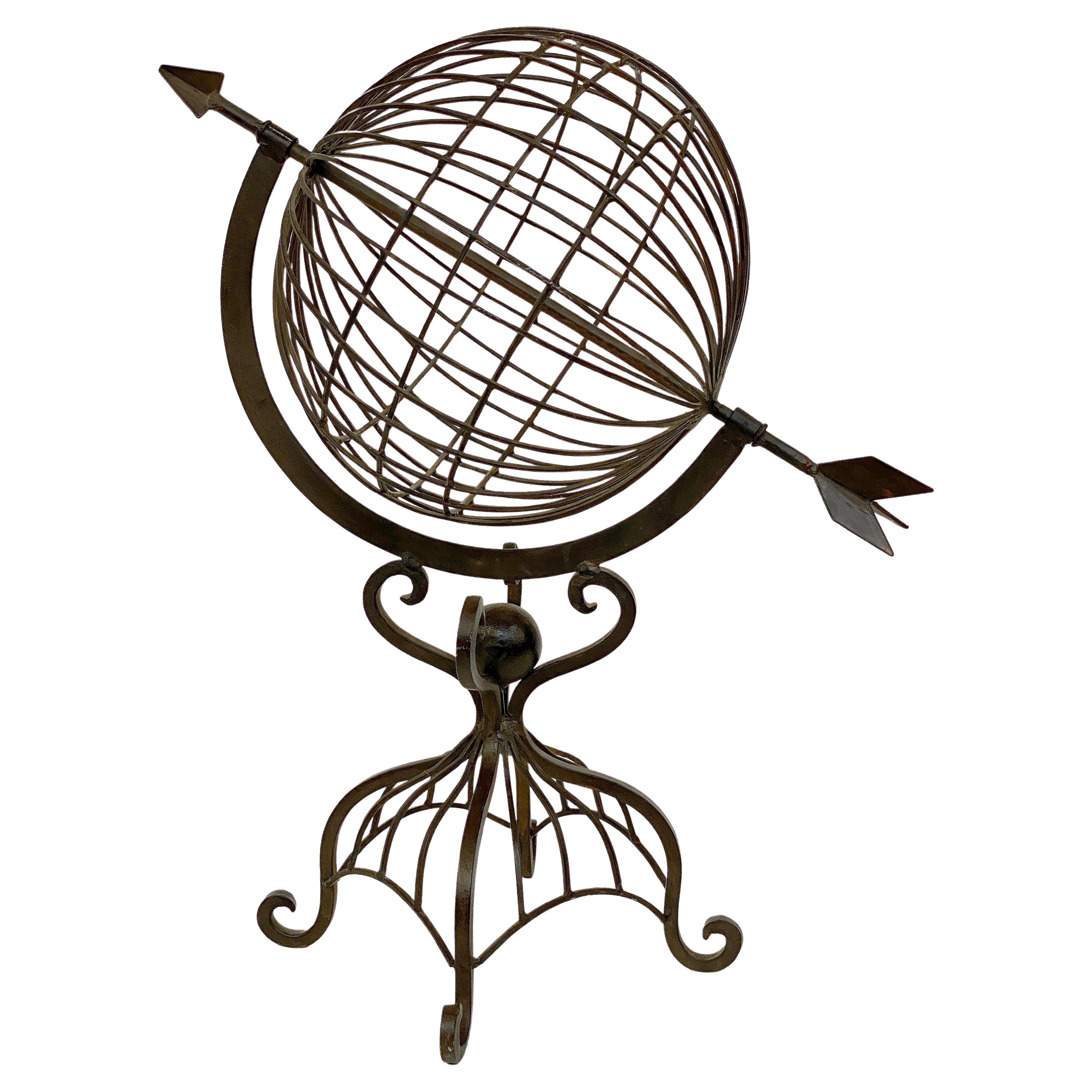 Sfera armillare francese su supporto o ornamento da giardino in ferro battuto