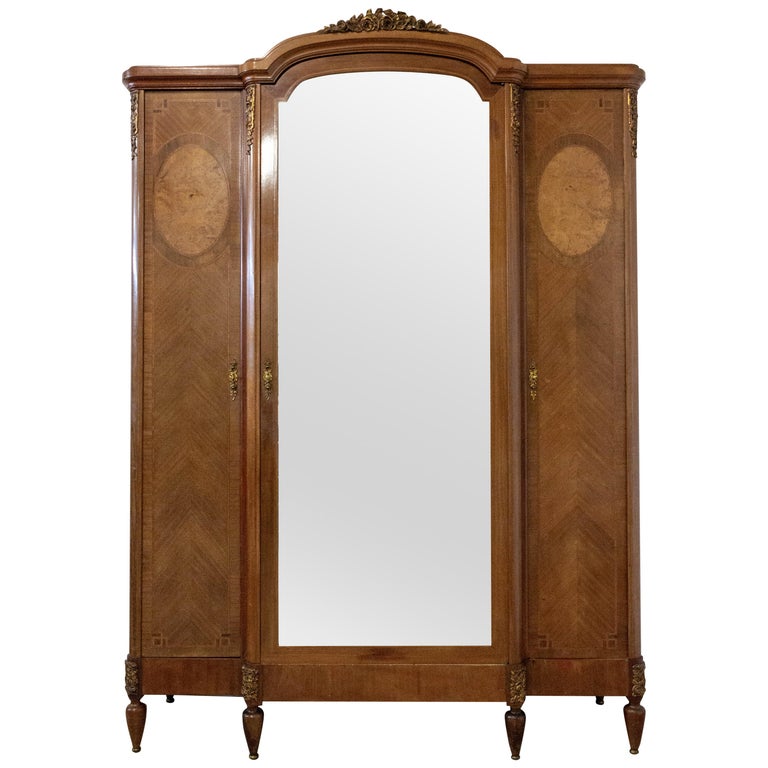 French Armoire Louis XVI Exotic Wood Elm Burl Mirror Door Wardrobe, 1900 For Sale at 1stDibs