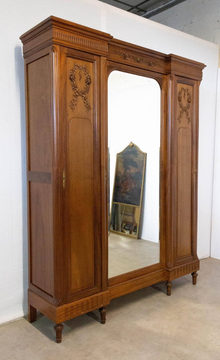 French Armoire Louis XVI Mirror Door Mahogany Wardrobe, 1900 For Sale at 1stDibs