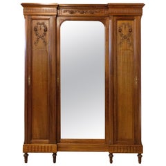 French Armoire Louis XVI Mirror Door Exotic Wood Wardrobe, 1900